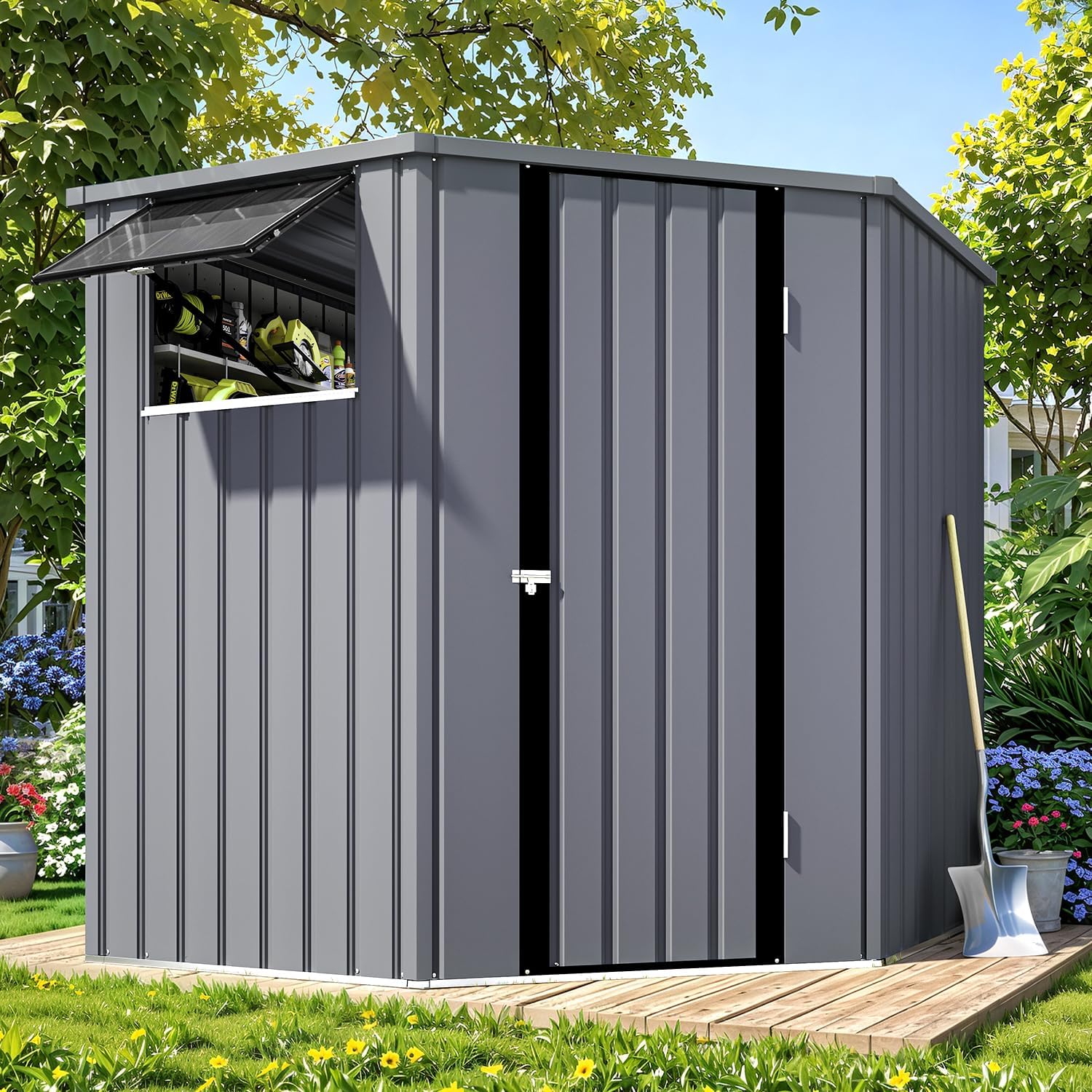AECOJOY Corner 6x6 Storage Sheds & Outdoor Storage with Openable Windows, Metal Steel Backyard Shed with Lockable Doors, Utility and Tool Storage for Garden, Backyard, Patio, Outside use