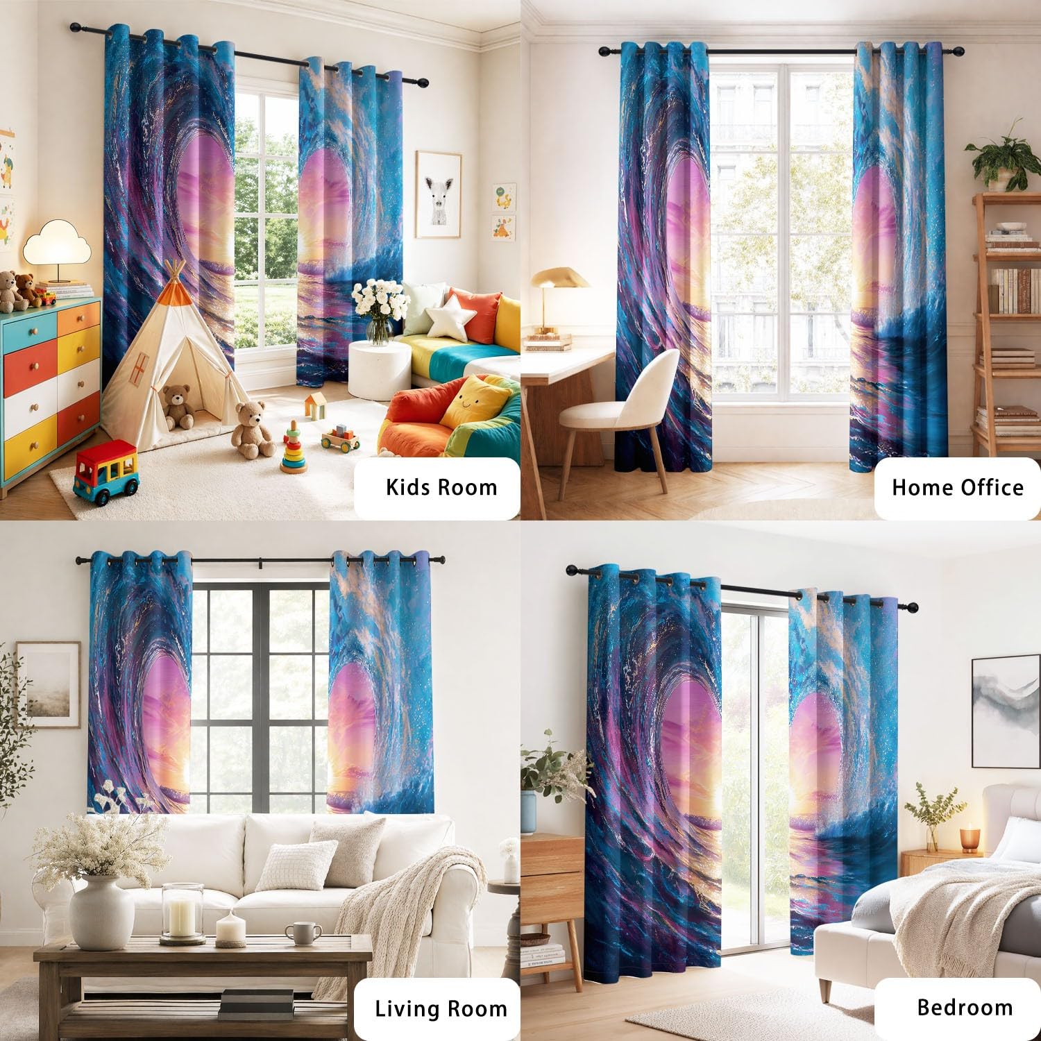 Generisch Herz Wellen Sonnenuntergang Vorhänge B 140 x H 245 cm Blickdichte Verdunklungsvorhänge mit Ösen Traumhaft Romantisch Thermovorhänge für Wohnzimmer und Schlafzimmer, 2er Set