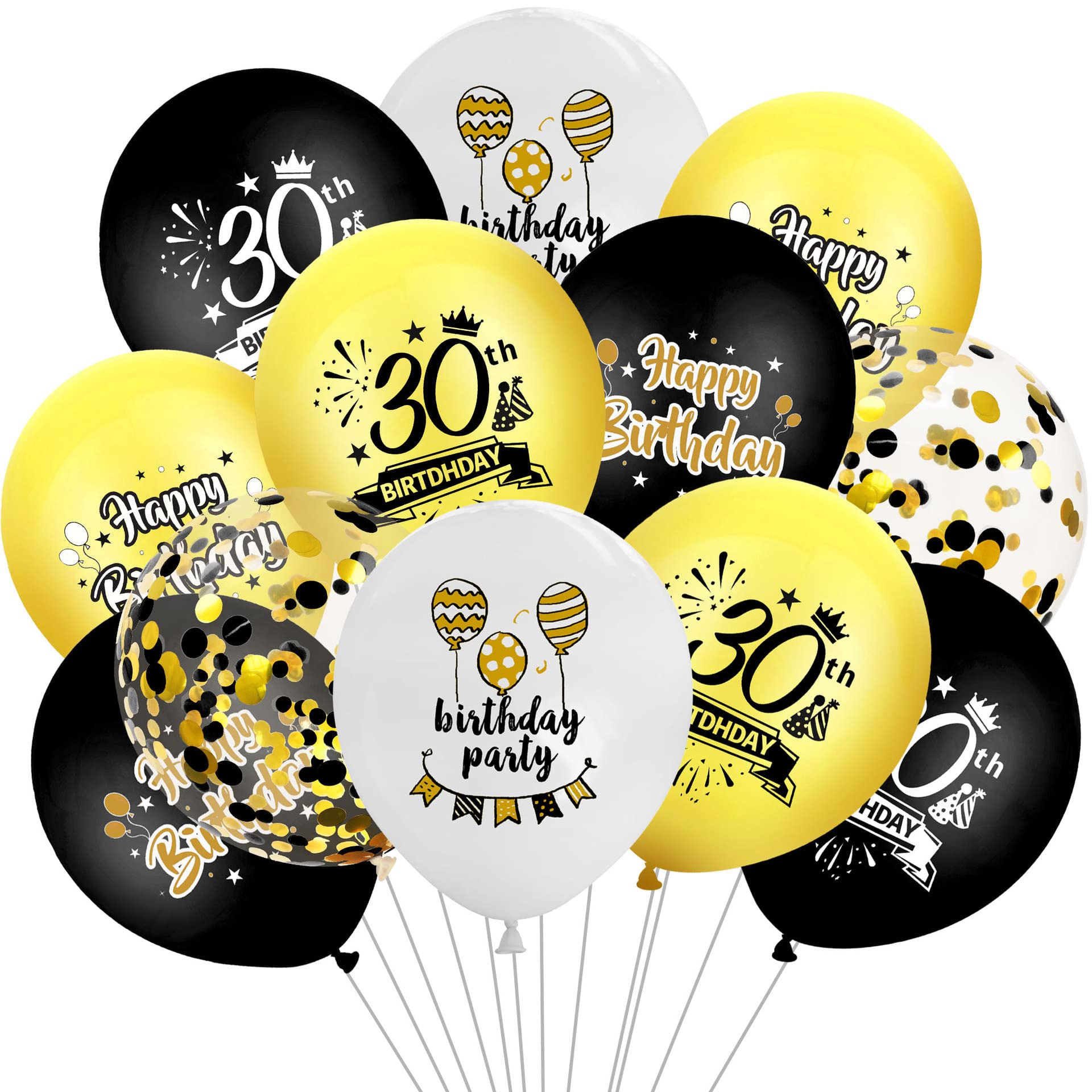 BrainGiggles30th Birthday Balloons Set for 30th Happy Birthday Decoration – 12Pcs Black, White and Gold 30th Birthday Latex & Confetti Balloons - Thirtieth Birthday Party Decor for Men and Women