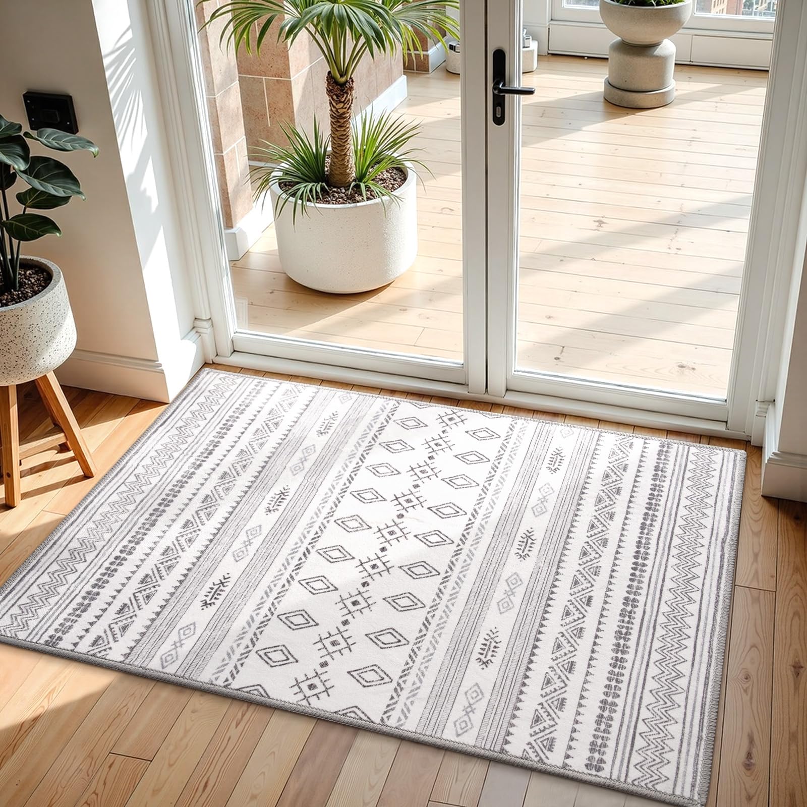 Terrug Boho Area Rug for Entryway Grey 2x3 Washable Rugs with Non Slip Rubber Backing for Kitchen Soft