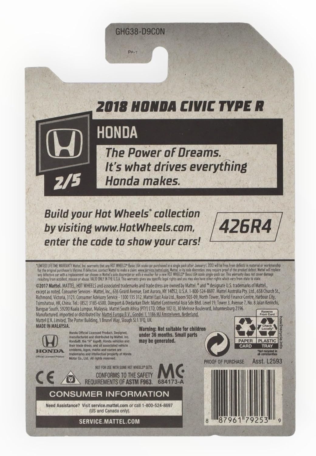 Hot Wheels Zamac 2018 Honda Civic Type R, [Silver] 81/250 Honda 2/5