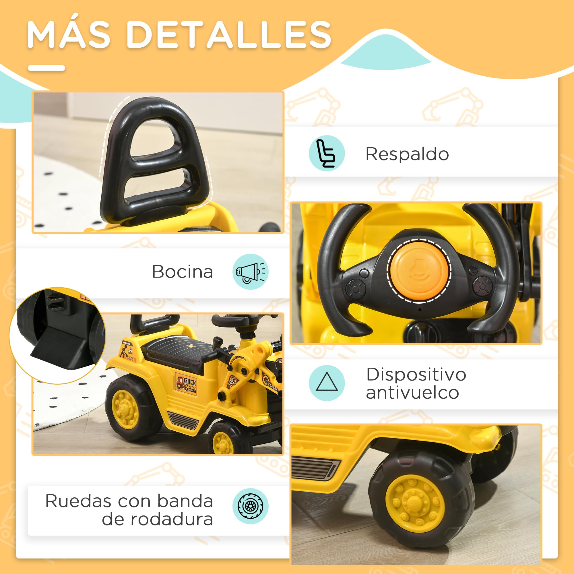 HOMCOM Tractor a Pedales para Niños de 18 a 48 Meses, Excavadora para Niños con Pala Delantera, Bocina, Volante y Compartimento Oculto bajo el Asiento, Carga 30 kg, 80x26,5x39 cm, Amarillo
