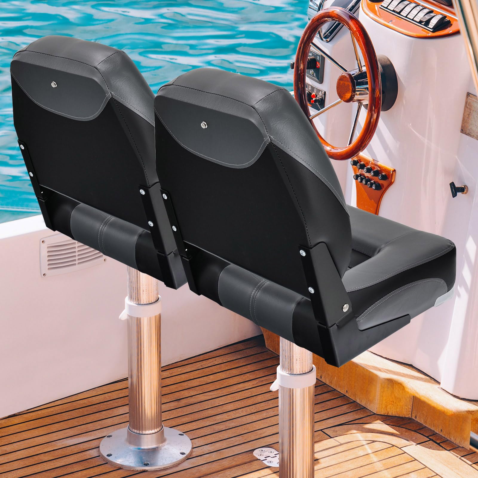 HOMASIS Lot de 2 Sièges de Bateaus Pliants Ergonomiques, Siège de Pêche Pliable avec Sangles et Vis de Fixation, Chaise de Bateau avec Cousssin pour Voilier Bateau de Pêche Yacht 42 x 50 x 52 (noir)