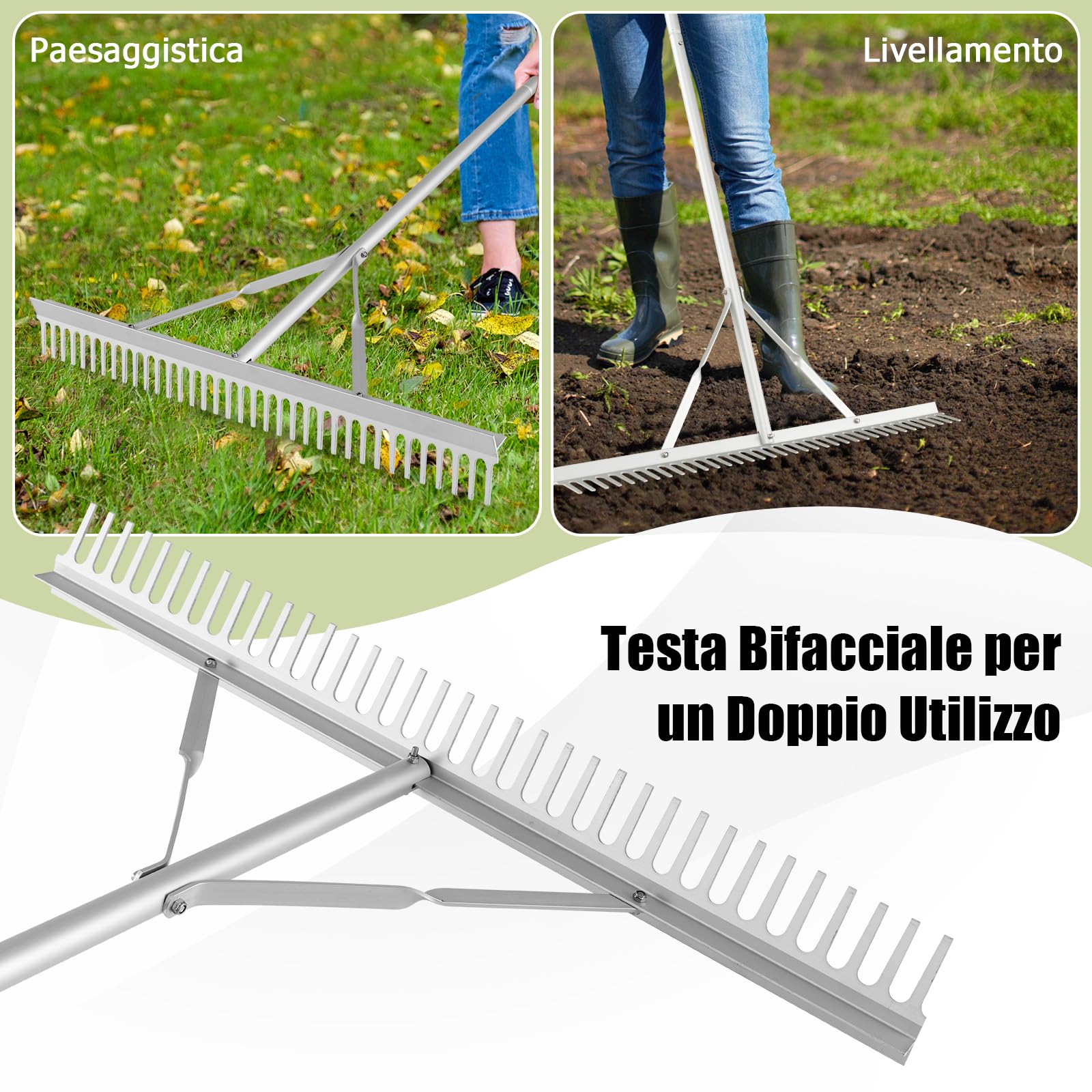 GYMAX Rastrello da Giardino, Scopa in Alluminio con 36 Denti, Testa da 91 cm e Manico da 174 cm, Strumento a Doppia Faccia per Allentare e Livellare il Terreno, Adatto a Prato, Cortil, Argento