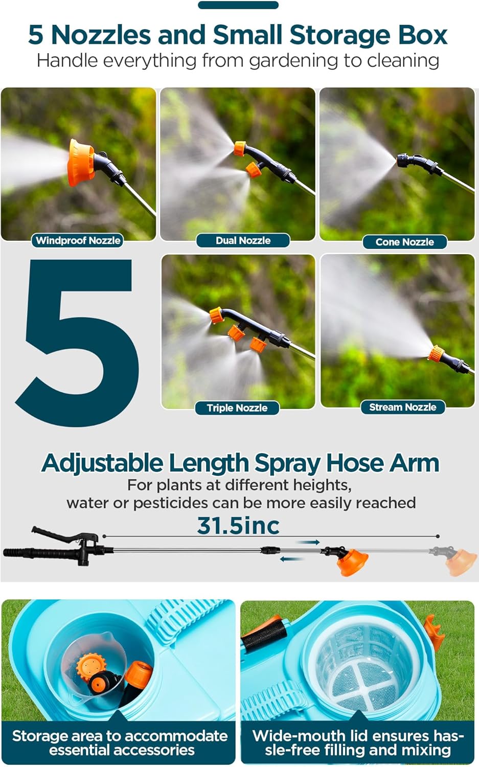 4 Gallon Battery Powered Backpack Sprayer with Mixer, 100 PSI Powerful Pressure Weeds Insecticide Pesticide Electric Sprayer, 31.50 in Metal Spray Pole, 5 Nozzles, Ergonomic Backpack, for Lawn Garden