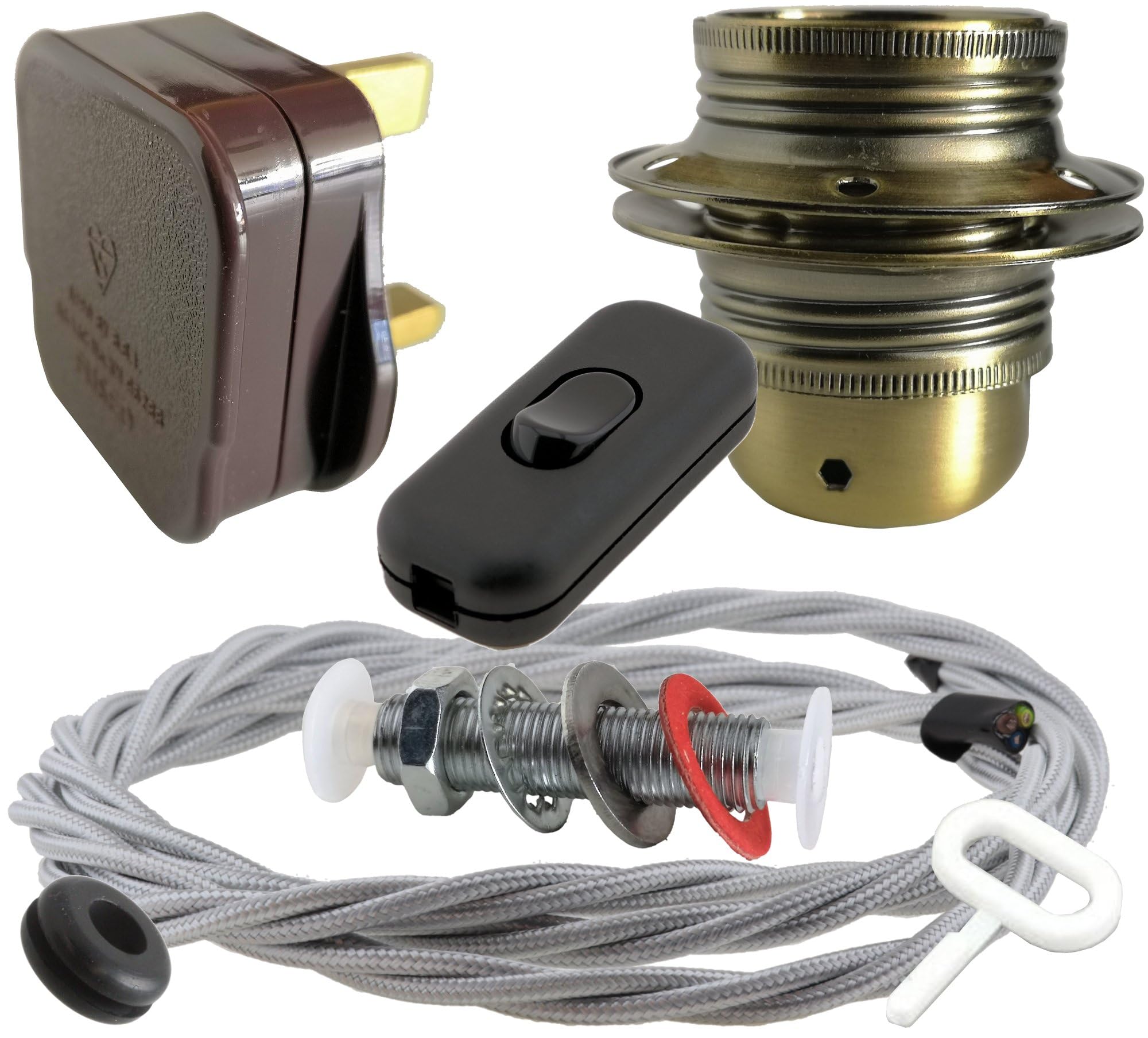 Art Deco Emporium Lamp Repair and Service Kit|Brown Plug|Silver Flex|Black Switch|E27 Antique Brass Finish Lamp Holder Holder โ image 1