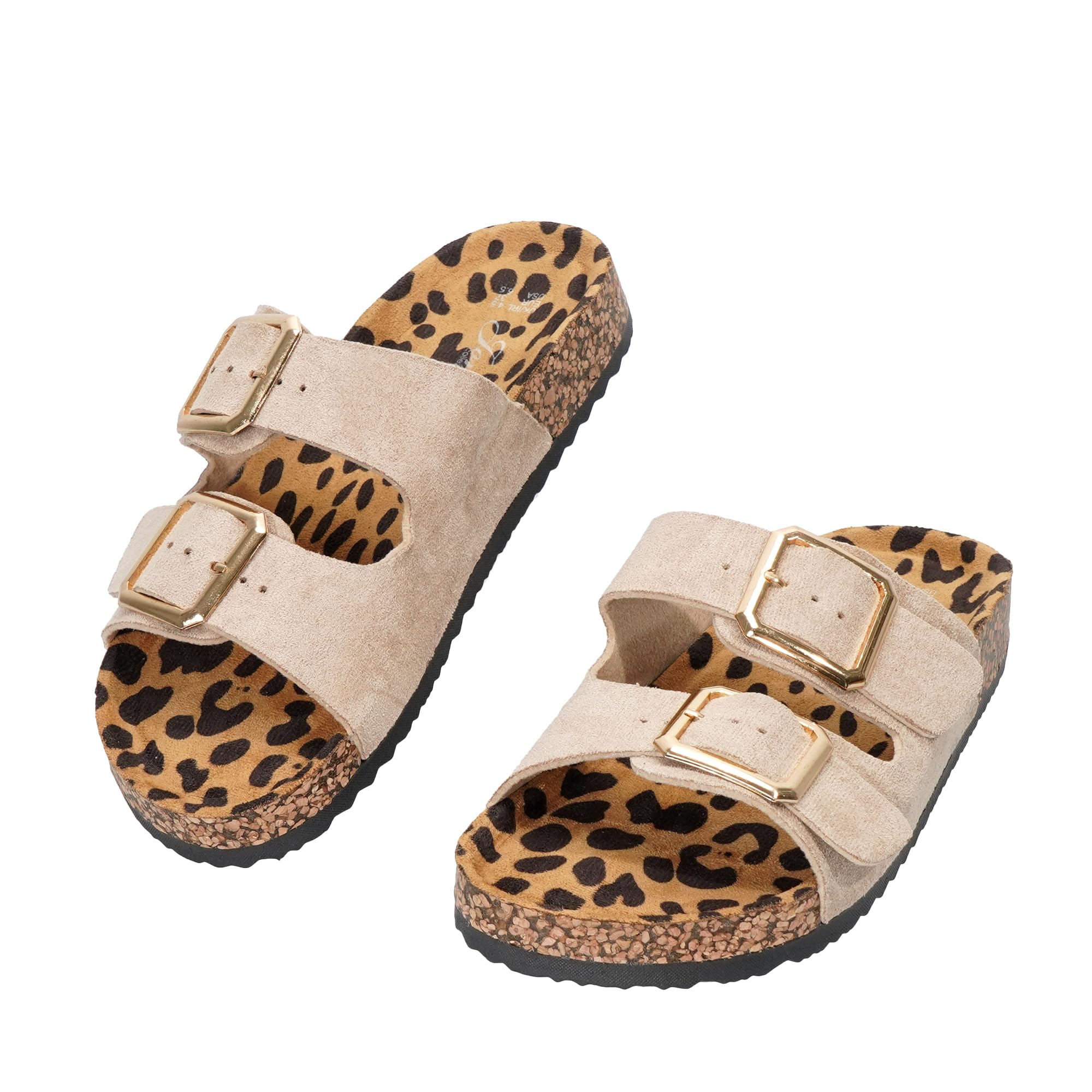 JOMIX Sandalen Damen mit Zwei Schnallen Korksohle und Leopardendruck Hausschuhe Antirutsch Bequeme Pantoletten für Damen