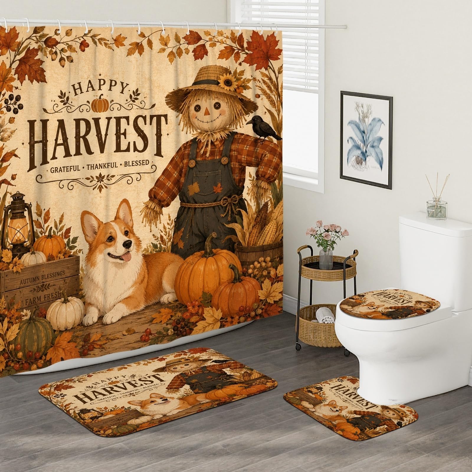 Ensemble de rideaux de douche en tissu imprimé citrouilles, motif épouvantail rustique automnal, lavable avec crochets, décoration pour chambre d'amis en toile, 183 x 183 cm, orange
