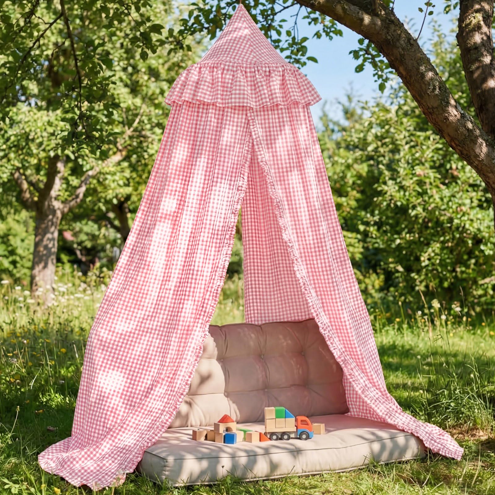 SmoothNovelty Gingham Plaid Bed Canopy with Ruffles Soft Vintage Style Decorative Tent for Reading Nook Play Area or Adult Bedroom Circus Tent Canopy(Yellow) — view 10