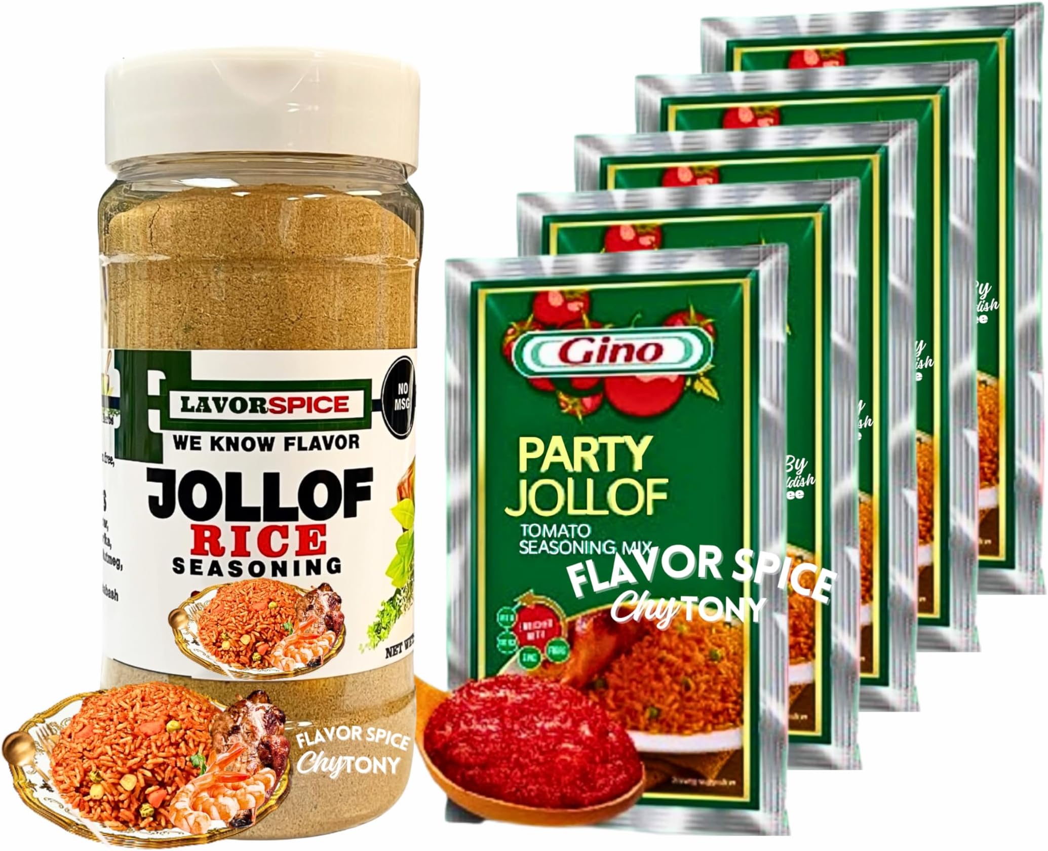 Gino Jollof Rice Seasoning Tomato Paste 7Og(2.4oz) Pack of 5 with Jollof Rice Seasoning crafted with 100% Natural Herbs and Spices with No Additives 3.8oz (1 Pack) COMBO PACK