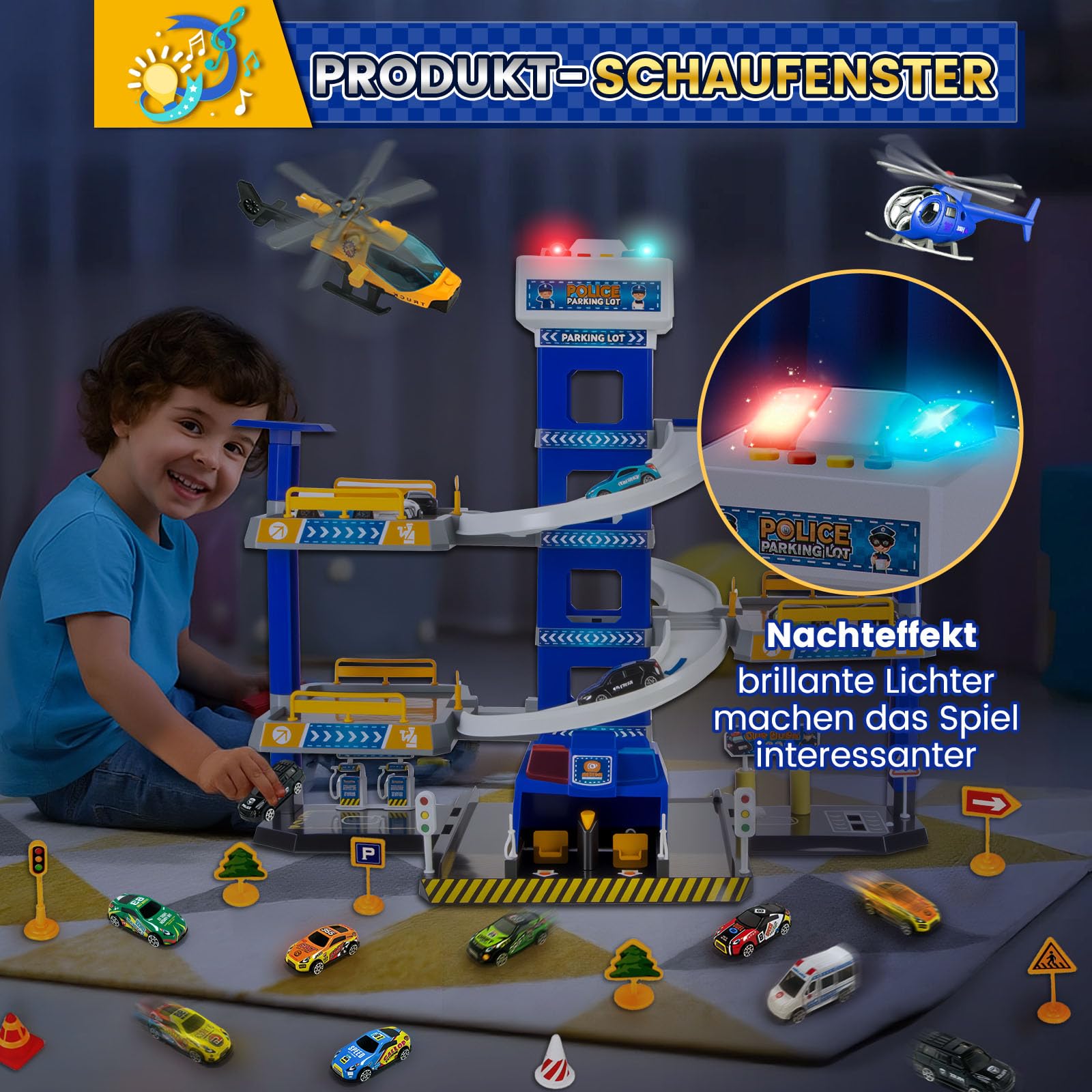 BuzzoXerex 5-stöckige Parkgarage für Kinder, Rennbahn mit 14 Spielzeugautos & 3 Hubschraubern, Parkhaus mit Aufzug, Autorennbahn & Licht‑Sound, Geschenk für Kinder 5–9 Jahre (Polizei)