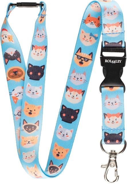 Rolseley Lanyard Neck Strap with Pattern for id Badge Holder with Metal Clip (Blue with Cats)