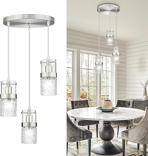 Miniatura 12 de LMS Paquete de 2 Luces Colgantes Modernas, Luz Colgante Dorada Cepillada para Isla de Cocina con Vidrio Martillado, Lámparas Colgantes Ajustables
