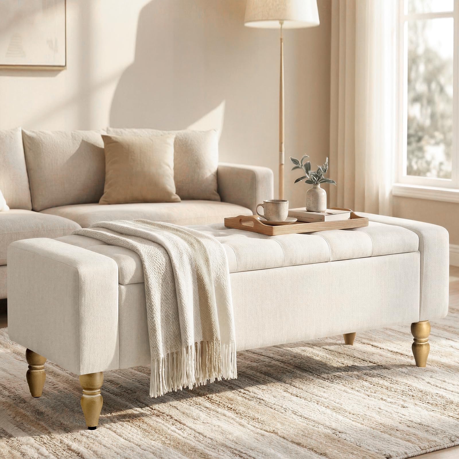 Banco de Almacenamiento con Asiento Acolchado – Banco Caja Multiusos para Entrada, Salón o Dormitorio | Pouf con Caja de Gran Capacidad, Tapizado Resistente y Fácil Montaje | Diseño Moderno Beige