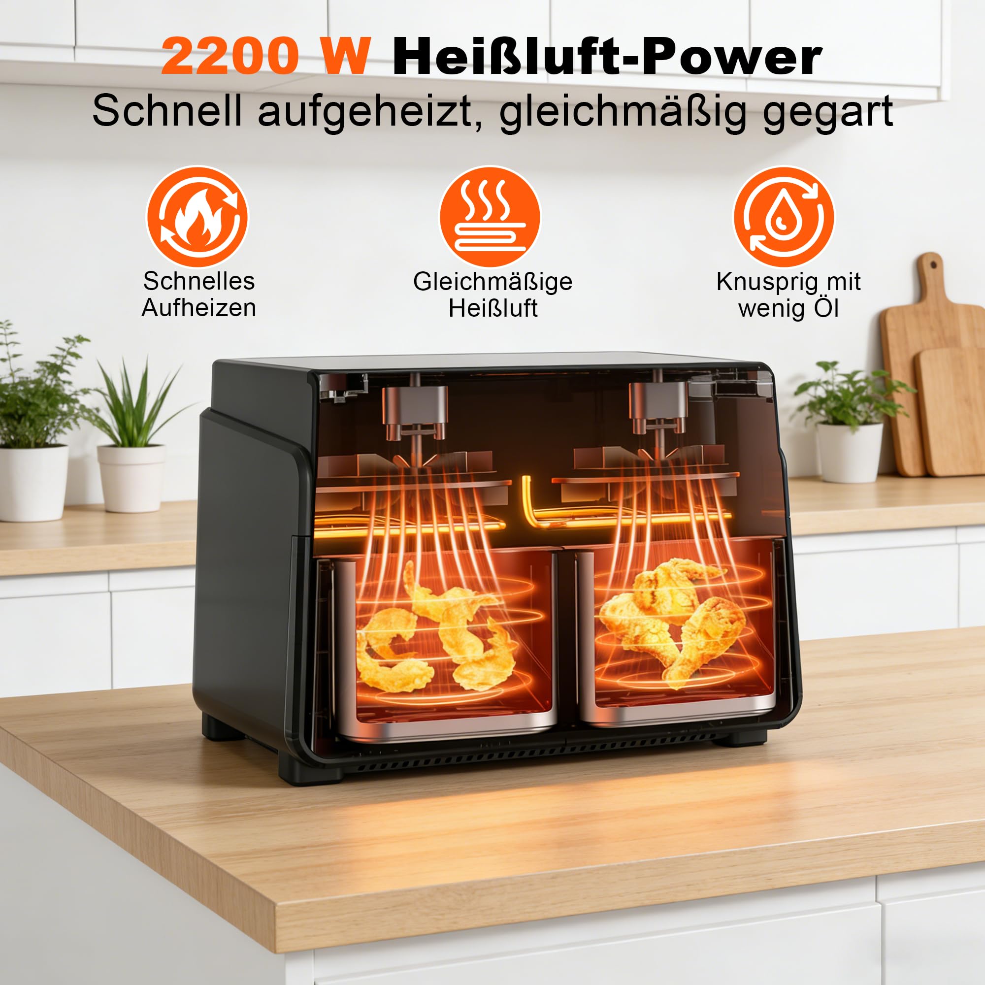 Citybee Heißluftfritteuse 2 Kammern XXL 10L (5L+5L) mit Sichtfenster, Dual Zone Airfryer Doppelkammer, 2 Garzonen, SYNC & DUAL, 2200W Touchscreen, Timer bis 24h, spülmaschinengeeignet
