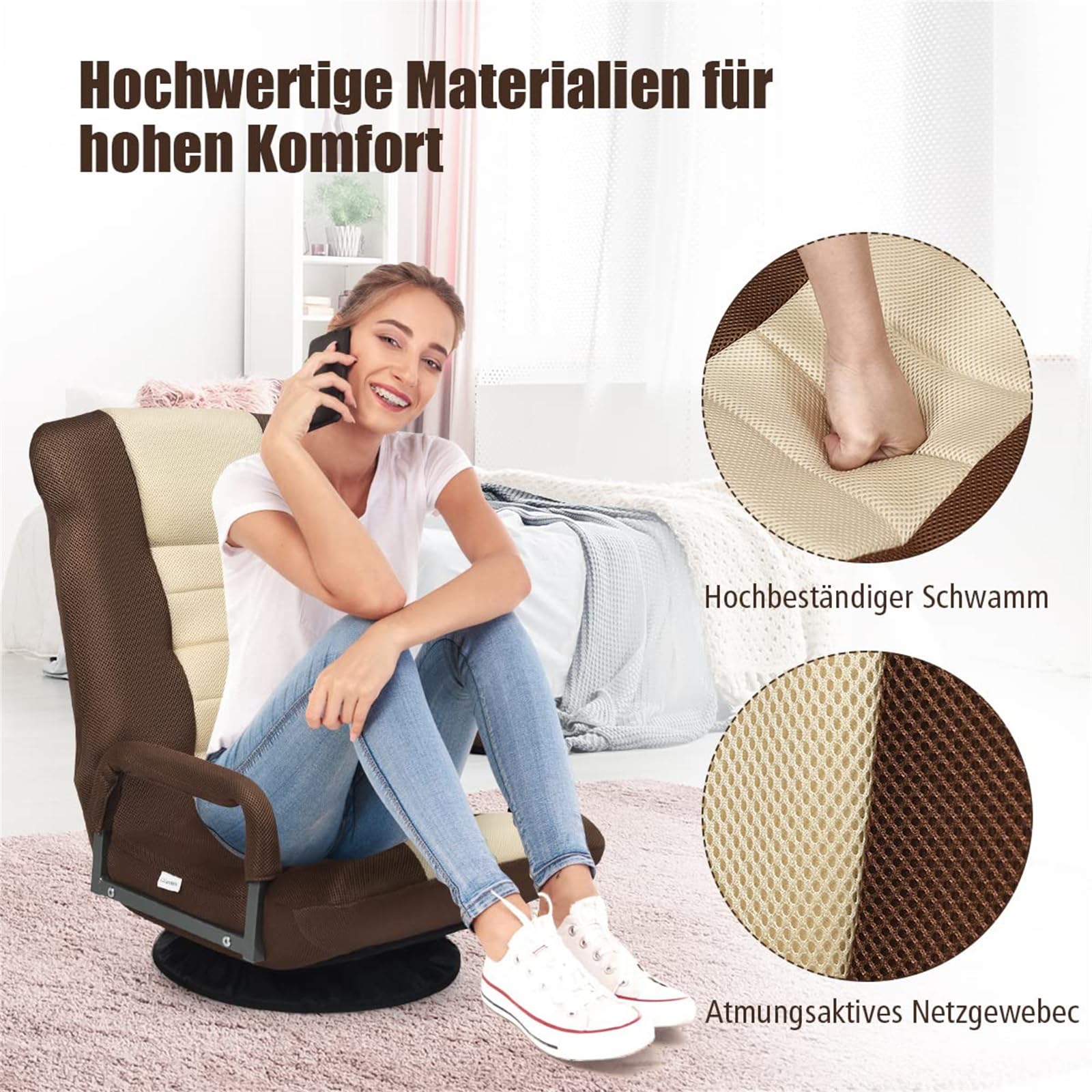 COSTWAY Bodenstuhl 360° drehbar, Bodensessel mit 6-Fach Verstellbarer Rückenlehne, Game Sessel gepolstert, Bodensofa Meditationsstuhl bis 140kg belastbar, Lazy Sofa (Braun)