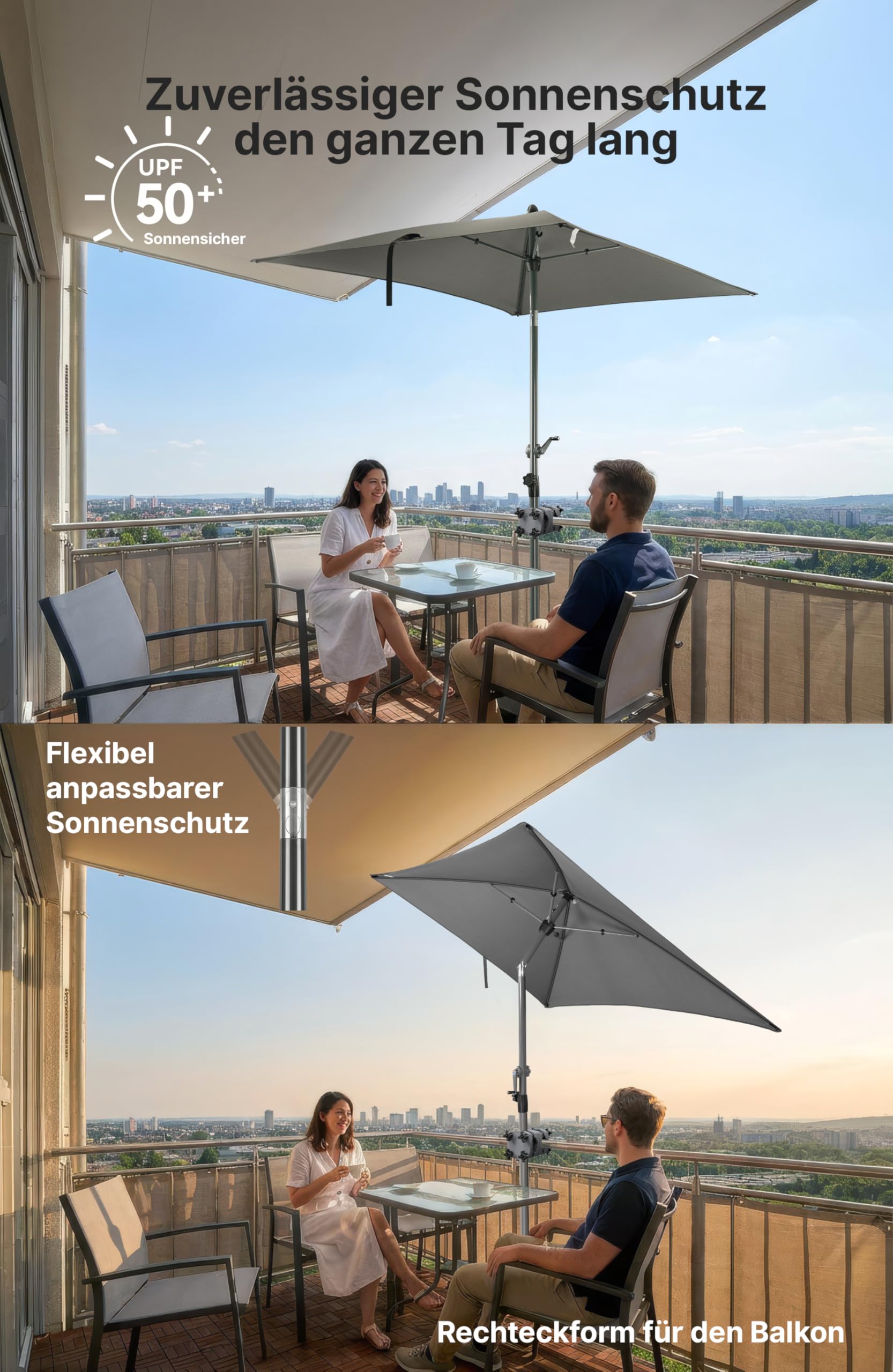 4smile SunnyShade Sonnenschirm Balkon mit Halterung im 3-er-Set, UV 50+, 200x125 cm, Anthrazit, Sonnenschirm rechteckig, Sonnenschutz Balkon, Balkonschirm mit Sonnenschirmhalter, für Balkongeländer