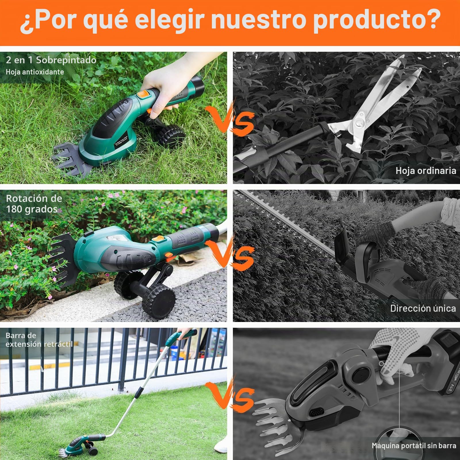 LIFERUN Tijeras de Césped con Batería 7,2 V, 2000 mAh, 2 en 1 Tijeras de Césped con Mango Telescópico, Batería Recargable y Cargador, para Césped de Jardín, desherbar, árboles, Verde Oscuro