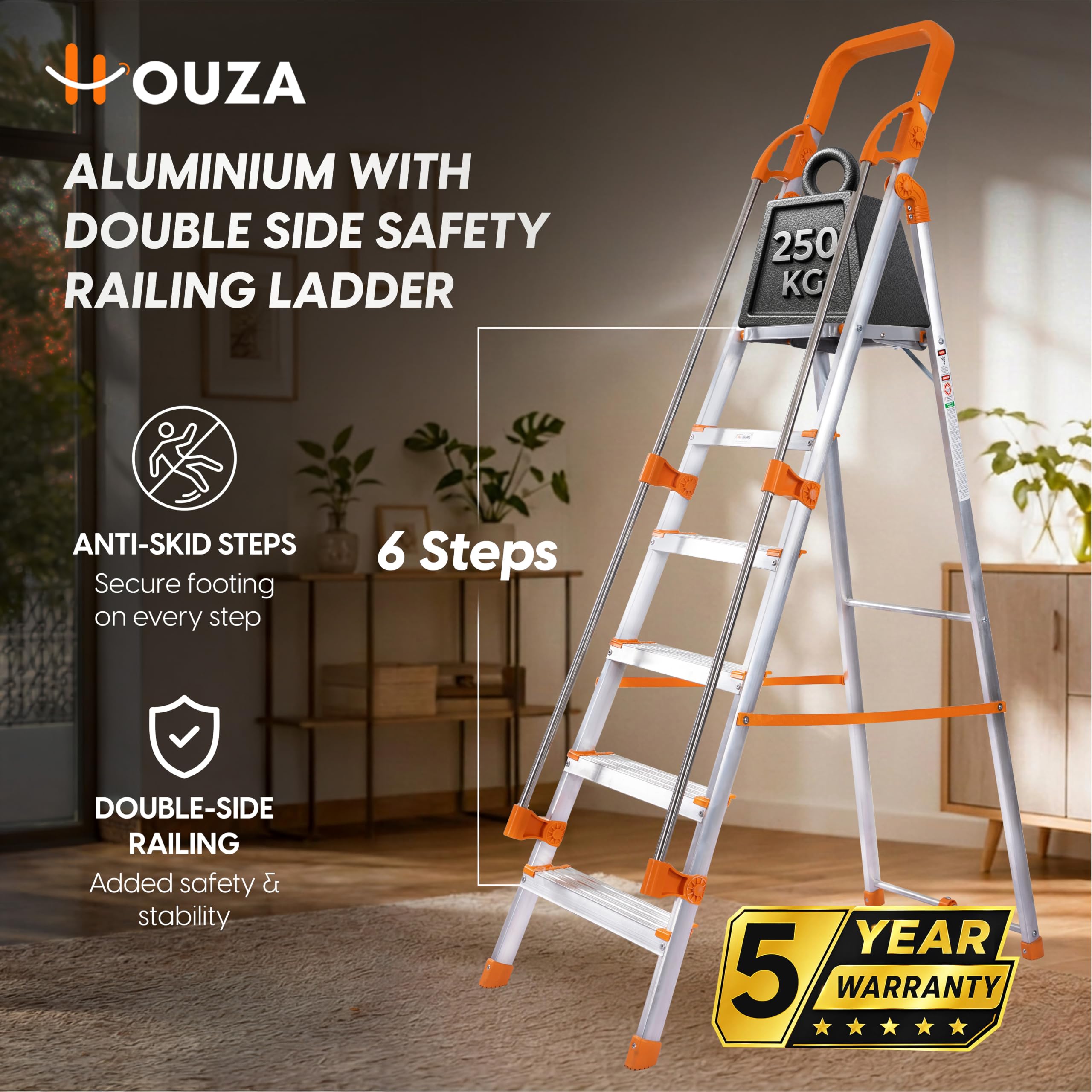 HOUZA Aluminium Ladder for Home 6 Steps Foldable with Railing & Anti-Skid Wide Steps | 6 Step Ladder for Home Use, Kitchen & Household | 250 Kg Load Capacity Folding Ladder | 5 Year Warranty (Orange) — Amazon image 2