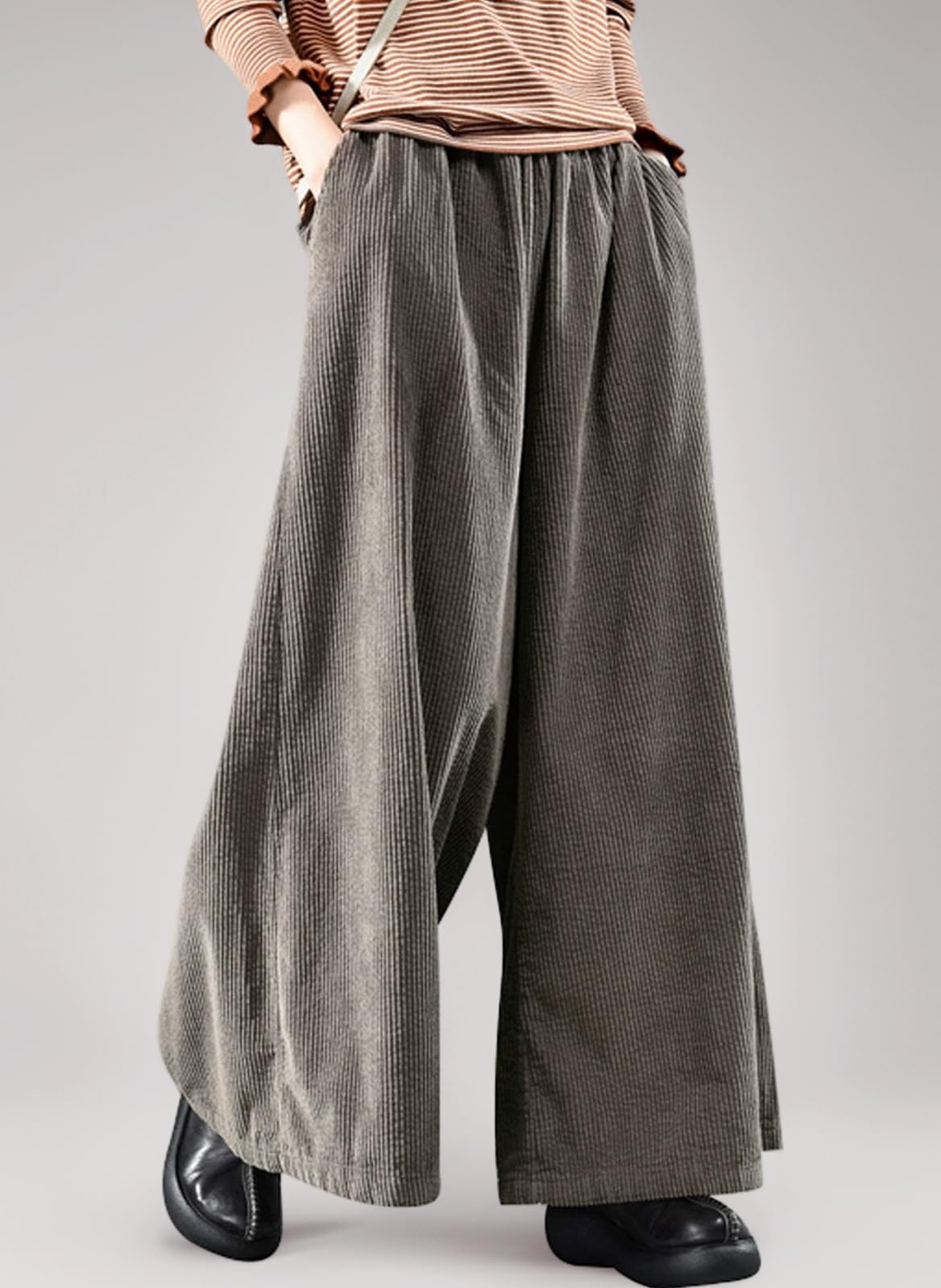 Bigassets Women's Elastic Waist Cotton Corduroy Pants Wide Leg Trousers