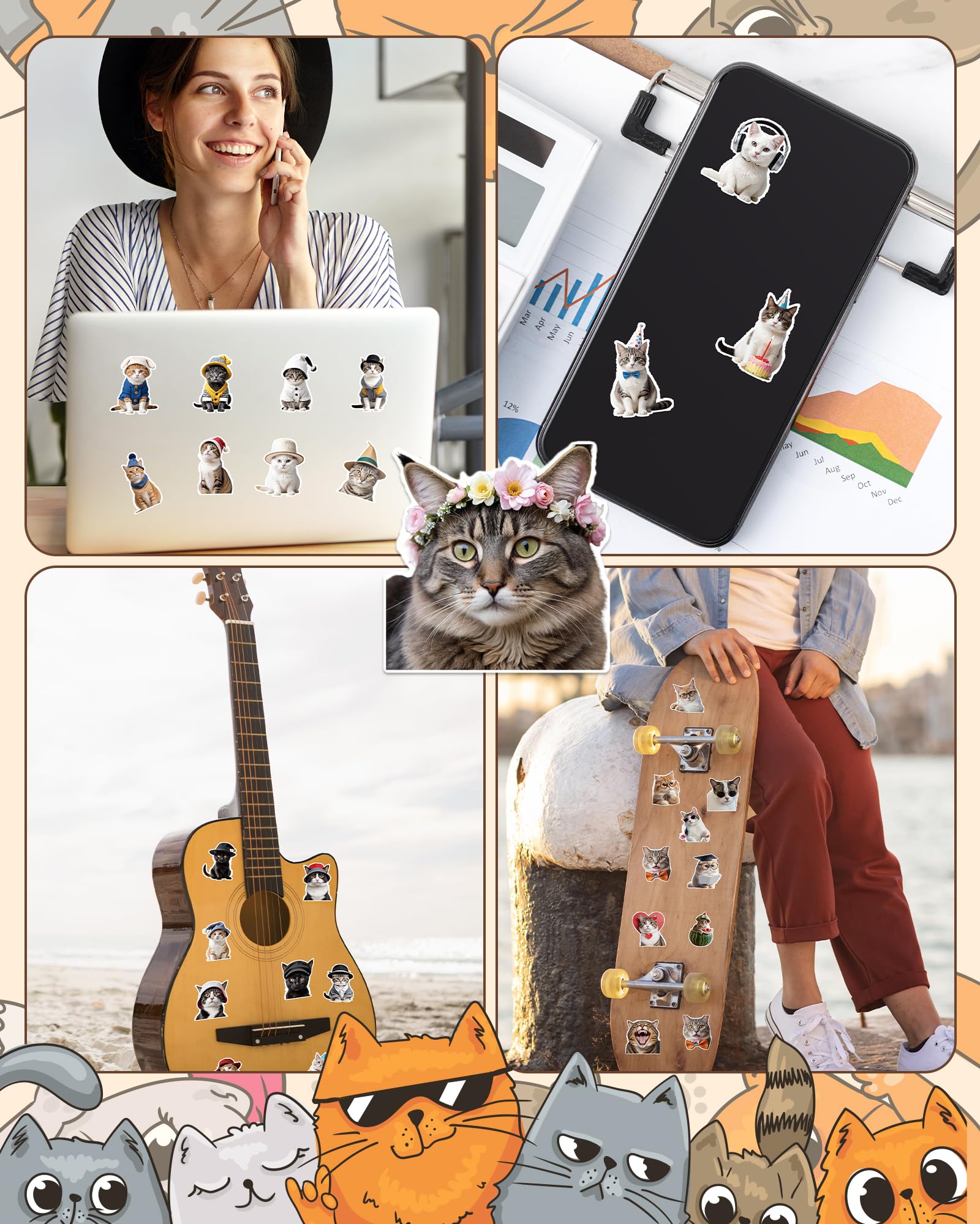 100-Piece Cute Cat Stickers Pack - Vinyl, Waterproof, No Duplicates For Water Bottles, Phones & Planners