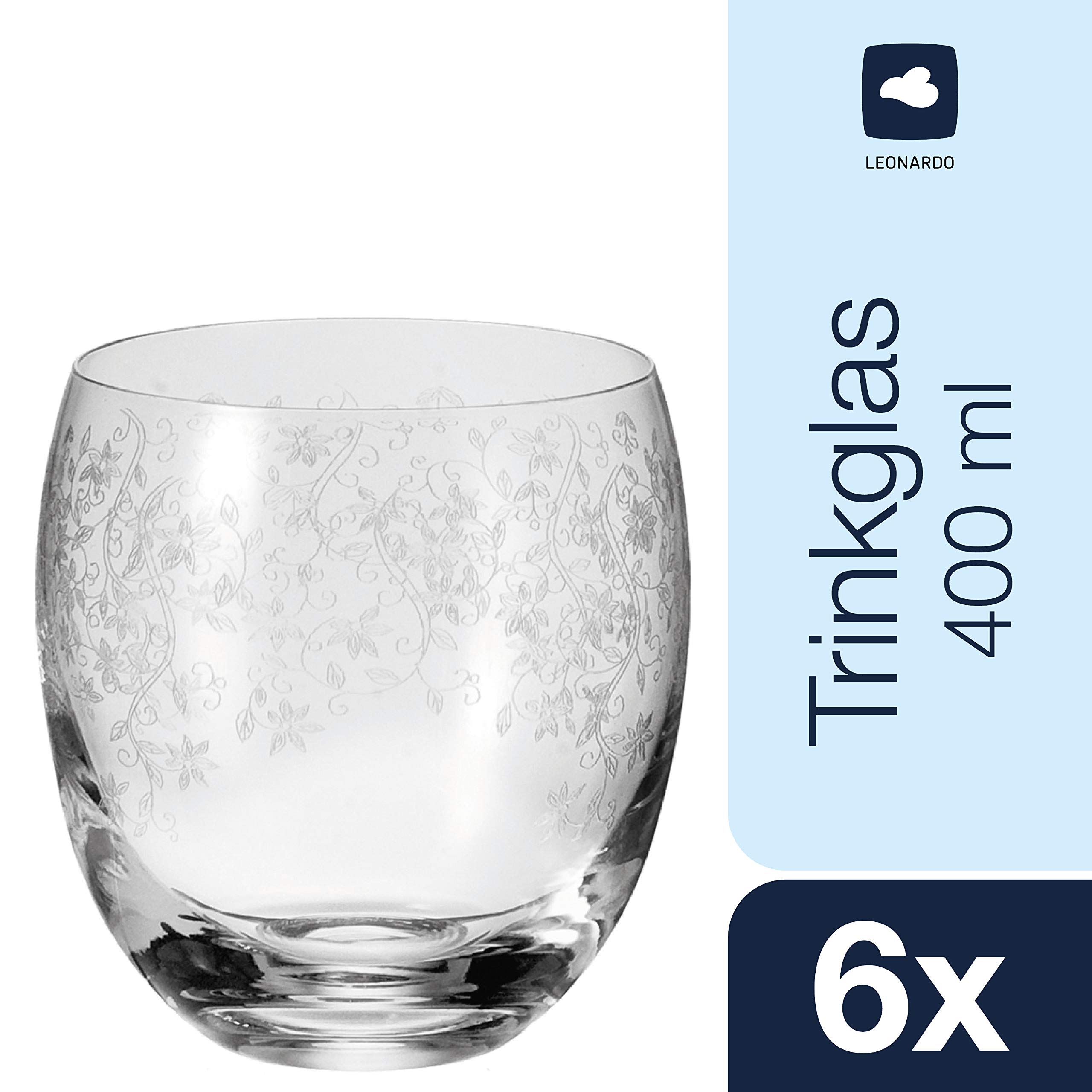 Leonardo Chateau Trink-Glas, Glas-Becher mit floralem Muster, spülmaschinenfeste Wasser-Gläser, 6er Set, 400 ml, 061595