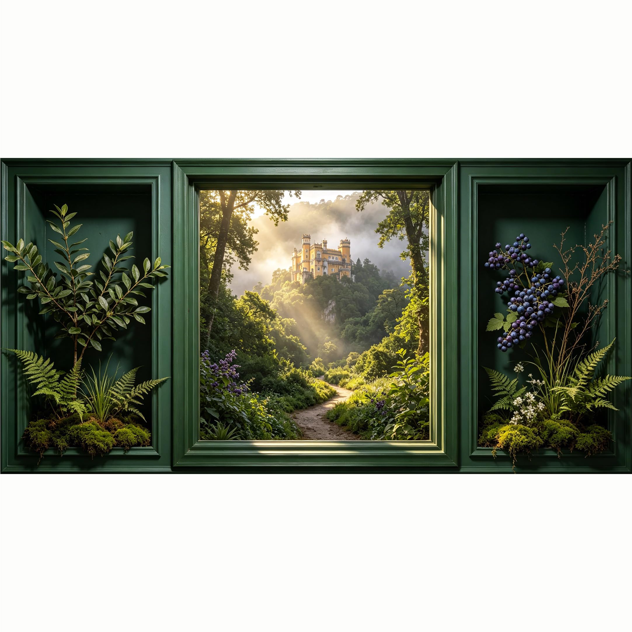 QZLITHOTIC 50x100cm 3D Framed Wall Art， European Hillside Castle Forest Landscape 3D Trompe l'oeil Self‑Adhesive Mural， Water‑Activated Peel & Stick Fabric Decor Wall Decal for Bedroom Living Room