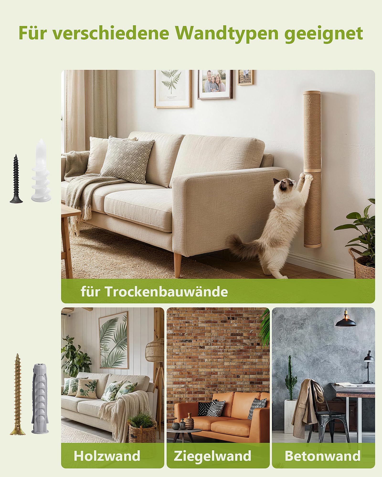 Kratzsäule für Katzen zur Wandmontage, 86 cm hoch Kratzbaum Wandmontage Holz, Stabiler Wandsäule aus natürlichem Juteseil, platzsparendes und drehbarem Design