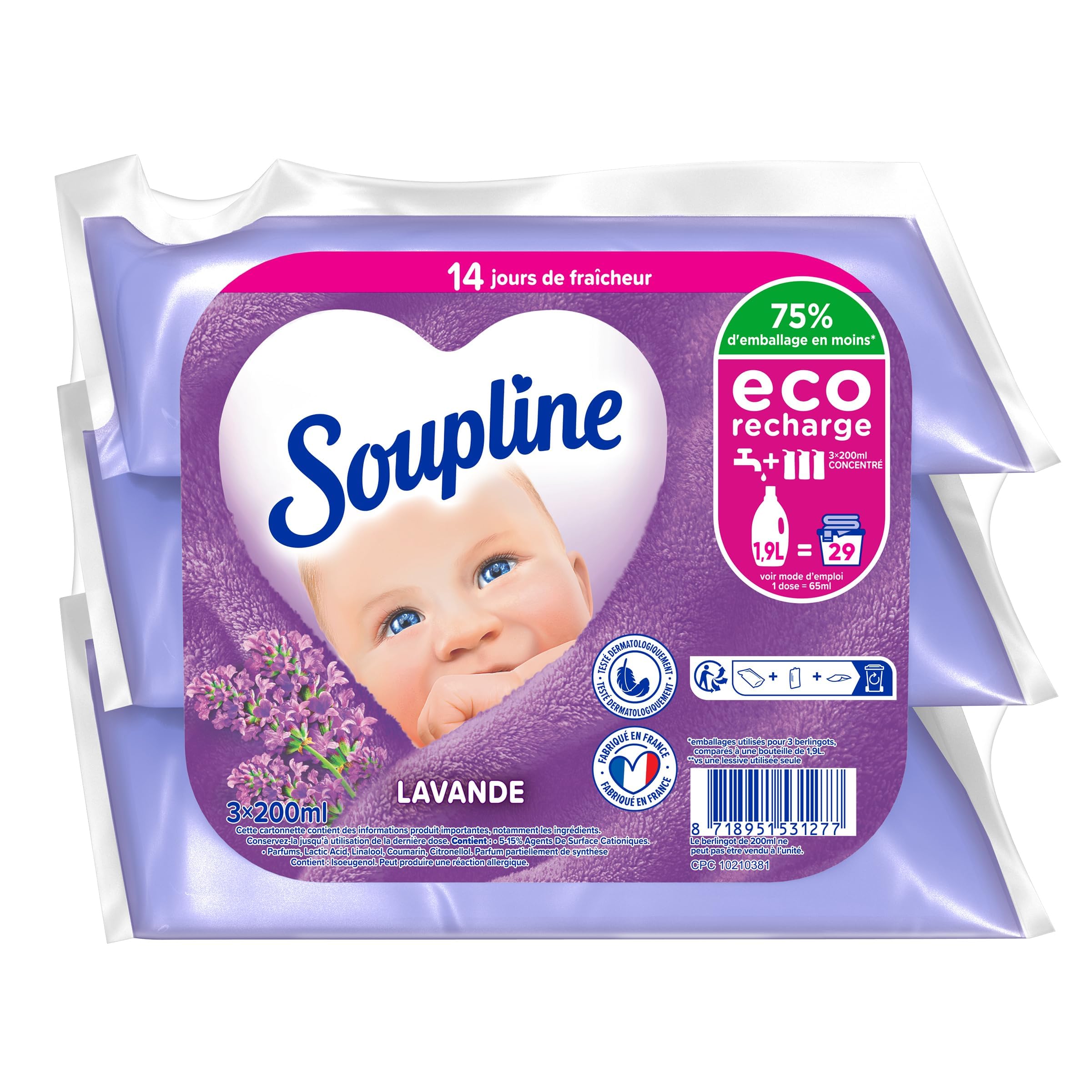 SOUPLINE - Ammorbidente concentrato 3D Lavanda - Eco-Ricariche - Formula attiva a freddo - 92% di ingredienti di origine naturale - 16 confezioni da 3 x 200 ml