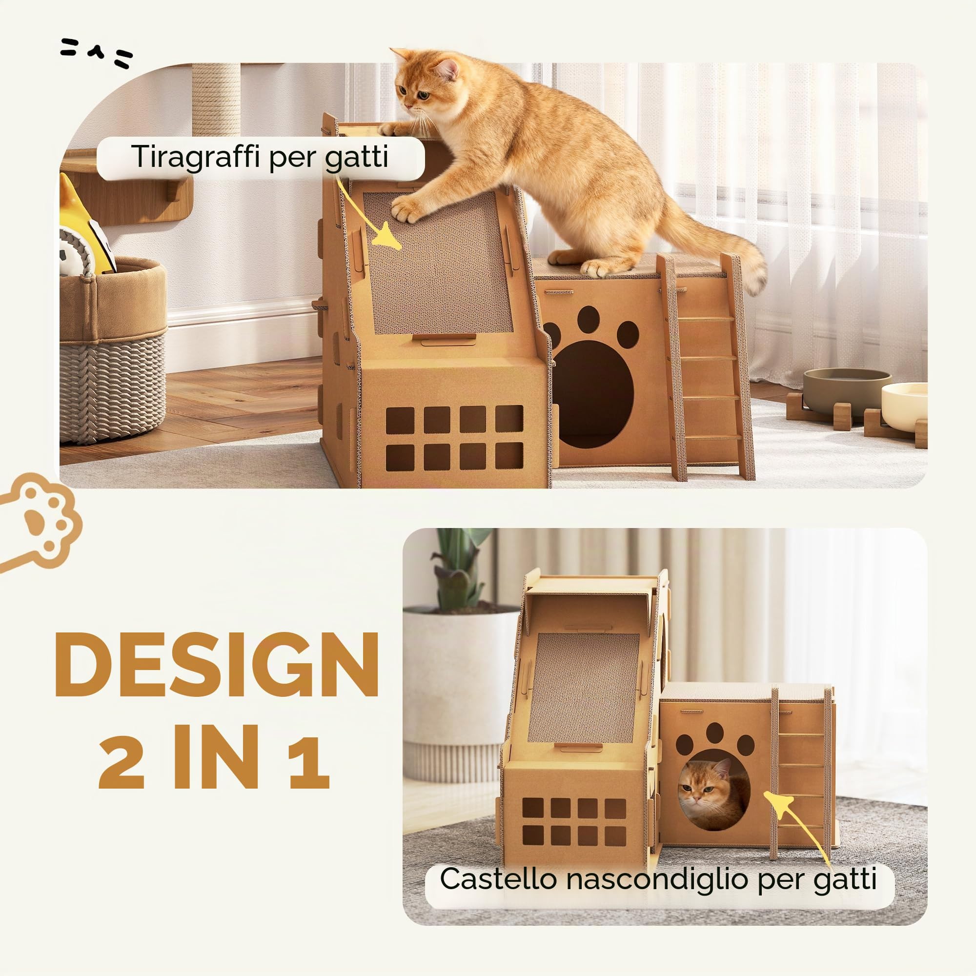 PawHut Gatto in cartone 2 in 1, tiragraffi per gatti con 2 aree di graffiatura, erba gatta, rampa e scaletta, per interni, 67x66x57 cm, marrone