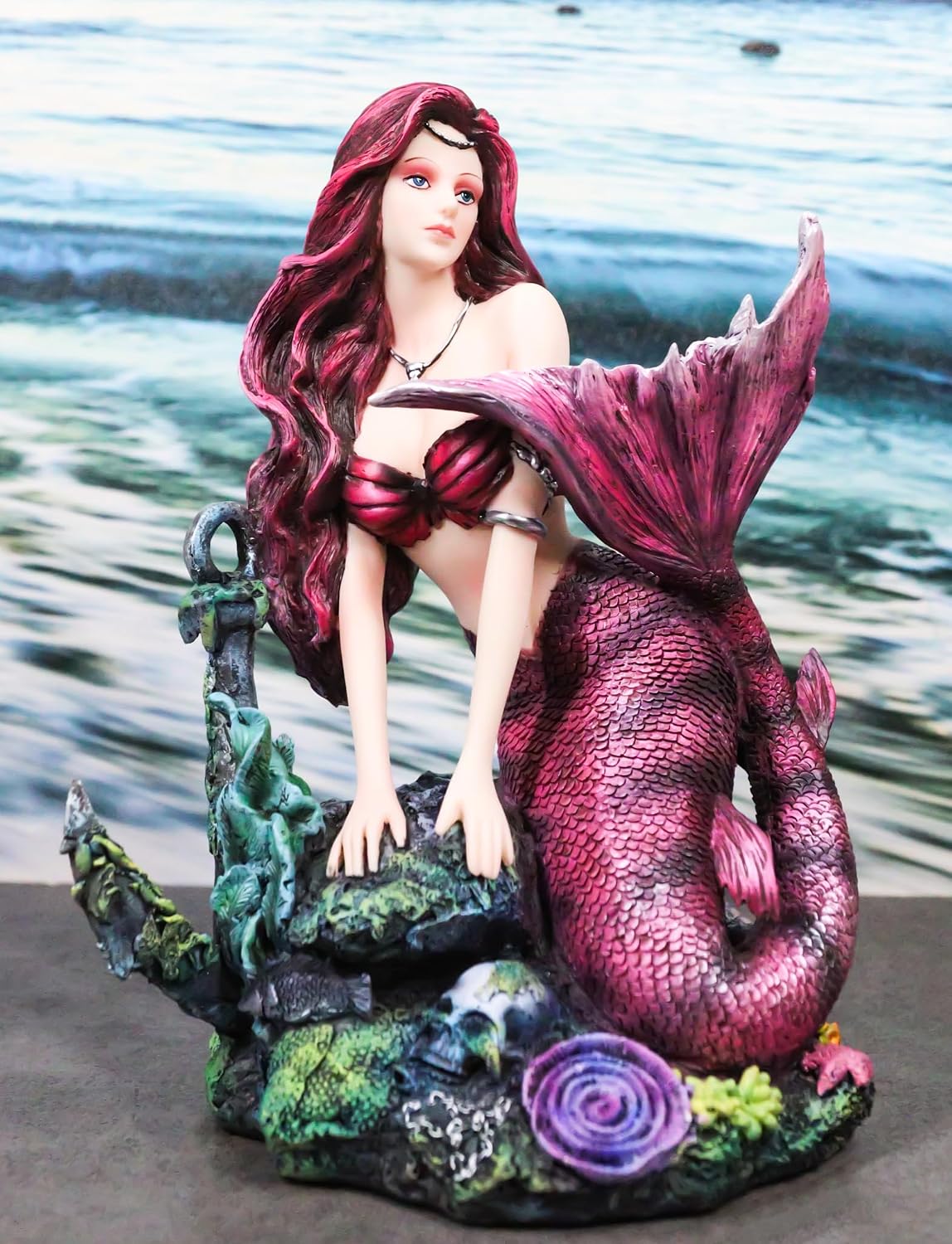 Ebros Gift Seductive Siren Maiden Mermaid Sitting by The Forbidden Sunken Ship Anchor and Skull Ocean Graveyard Statue Nautical Sirens of The Seas Sculpture Coastal Decor