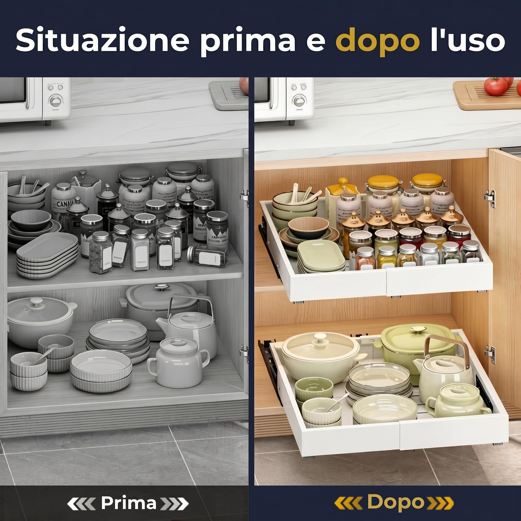 Cassetto Estraibile Cucina – Organizzatore Regolabile in 4 Direzioni, Larghezza 30-49,5 cm e Profondità 42-56 cm, Senza Trapano, Binari Scorrevoli Silenziosi – Ottimizza lo Spazio in Armadi e Dispensa