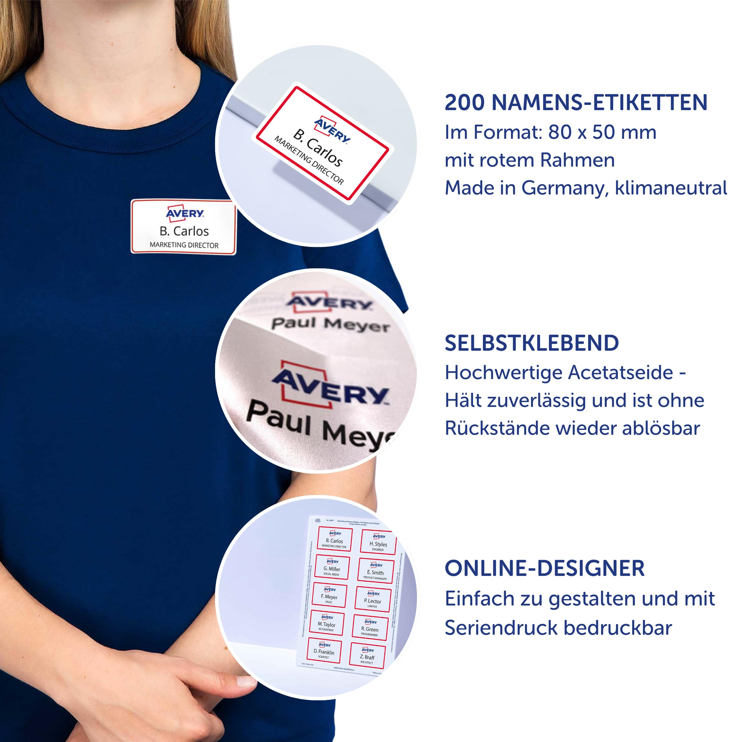 AVERY Zweckform L4785-20 Namensetiketten (200 Namensaufkleber, 80x50mm auf A4, selbstklebend, bedruckbare Textiletiketten aus Acetatseide für Laserdrucker, rückstandsfrei ablösbar) 20 Blatt, weiß