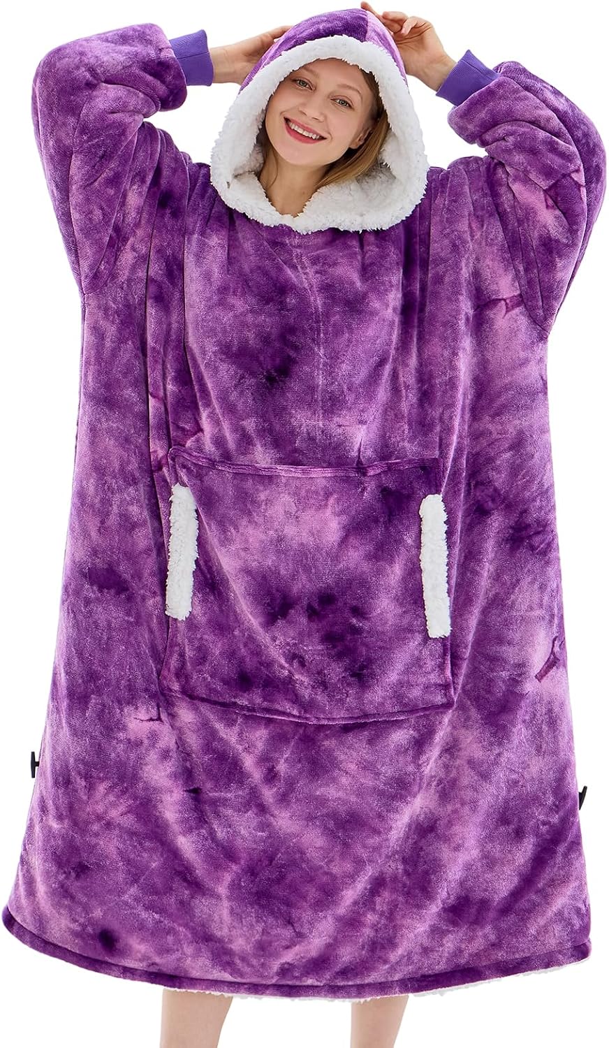 Wearable blanket hoodie with pocket and sleeves