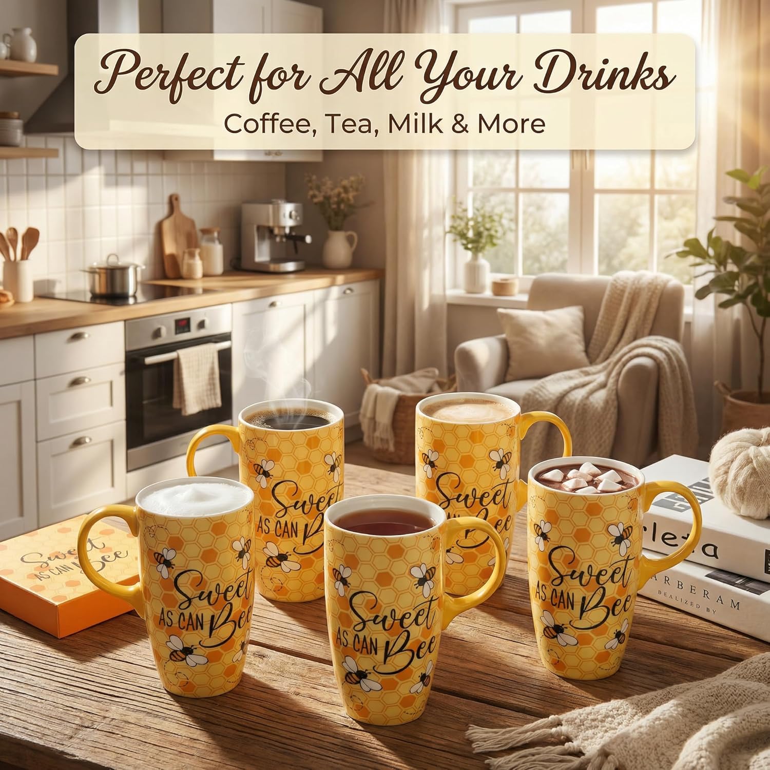 Topadorn Ceramic Travel Mug with Lid and Handle for Men Women Office Work, Microwave & Dishwasher Safe,17Oz, 6.5" H Tall Tea Cup in Color Box, Bee