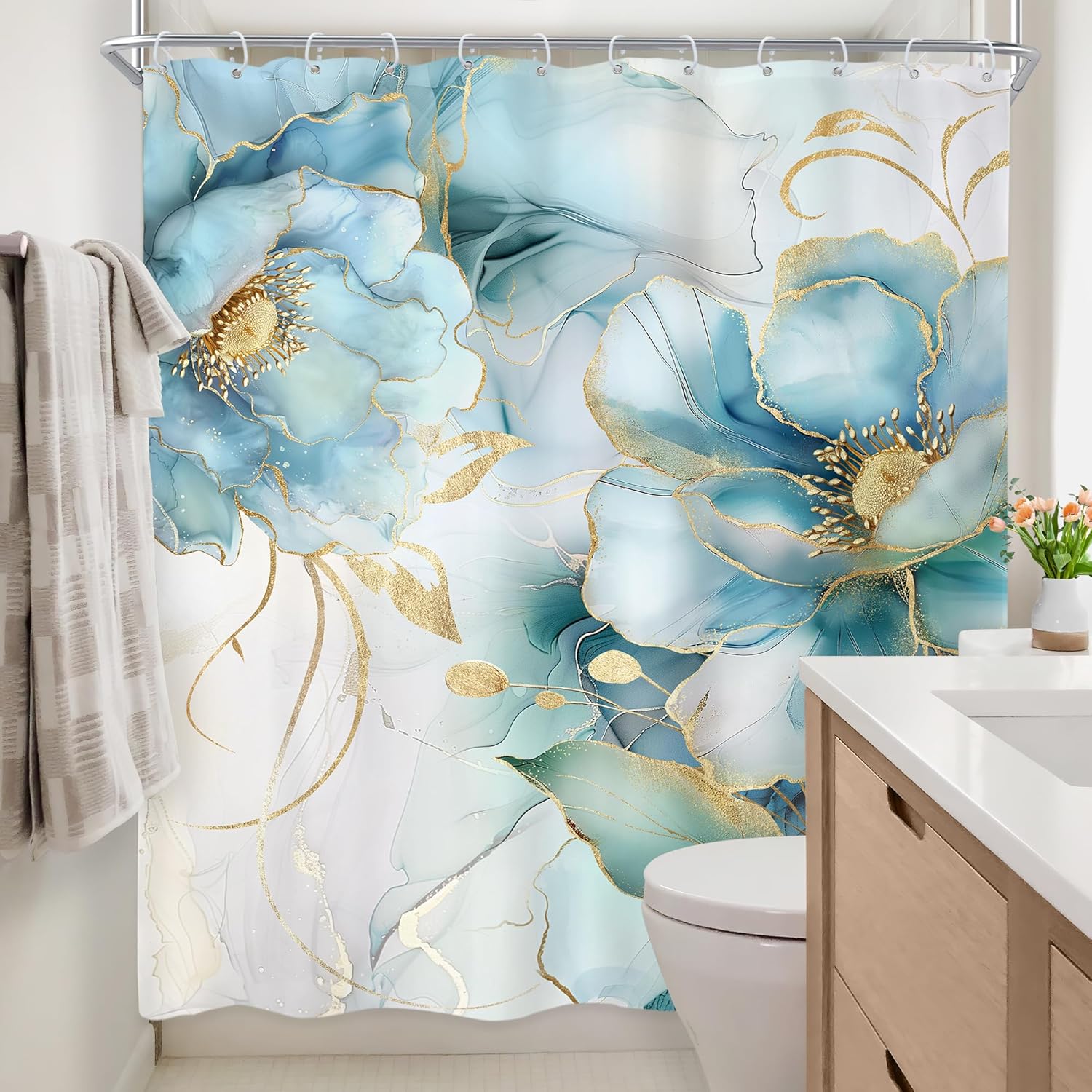 Newsely Marble Shower Curtain 72Wx84L Inch Teal Blue Gold Ombre Abstract Floral Flower Luxury Modern Ink Texture Minimalist Bathroom Set Elegant Girl Waterproof Bath Decoration Accessories Home Decor