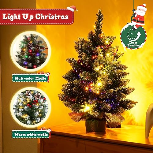 Miniatura 4 de Joyhalo Árbol de Navidad pequeño de 2 pies con luces multicolor y blanco cálido, árbol de Navidad flocado preiluminado para mesa, 80 ramas, árbol de