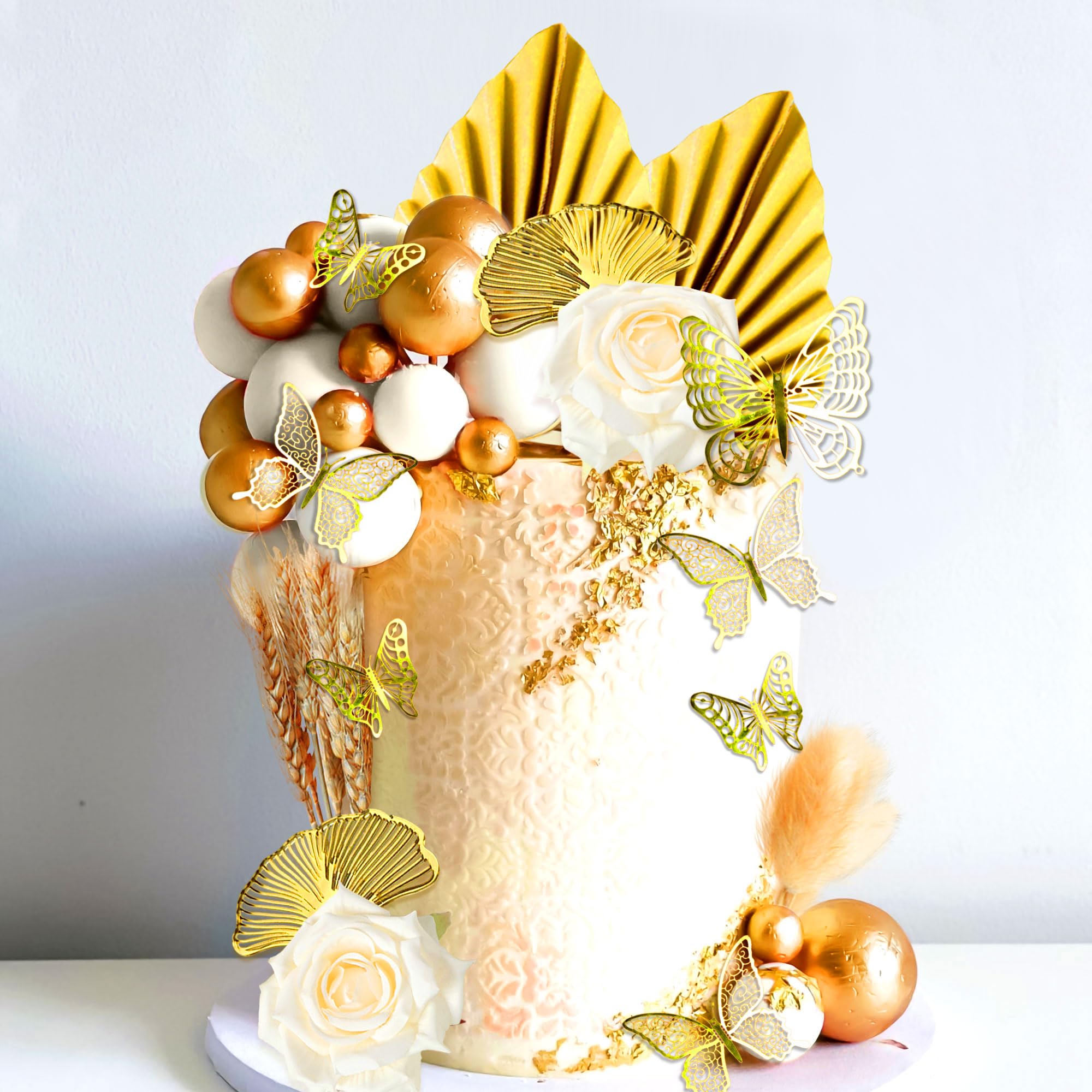 Boho Champagner Tortendeko Gold Kugeln Tortendeko Gold Palmblätter Cake Topper Böhmische Weißgoldkugel für Hochzeit Geburtstag Jubiläum