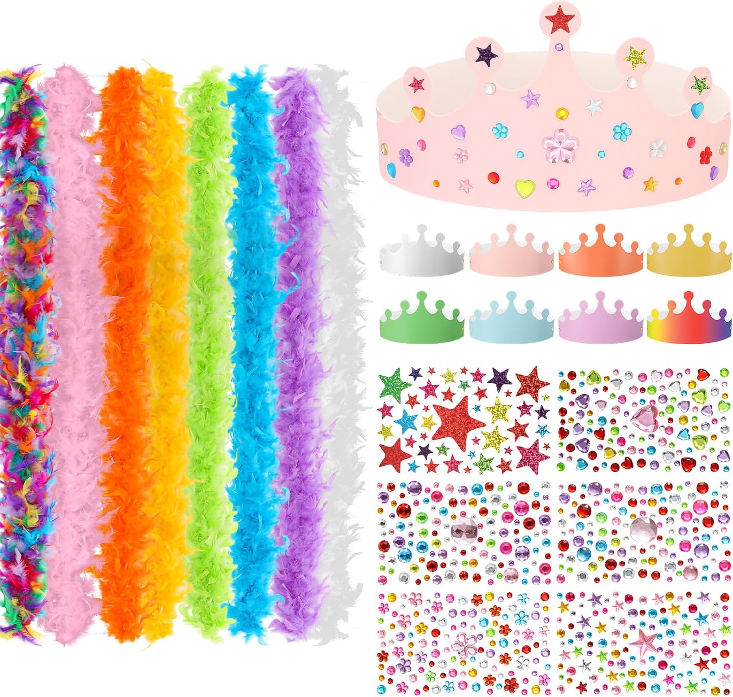 Suncalla 6.6ft Feather Boas & 8 Paper Crowns with Sticker Dress up Party Kit for Birthday Wedding Halloween Costume Decor