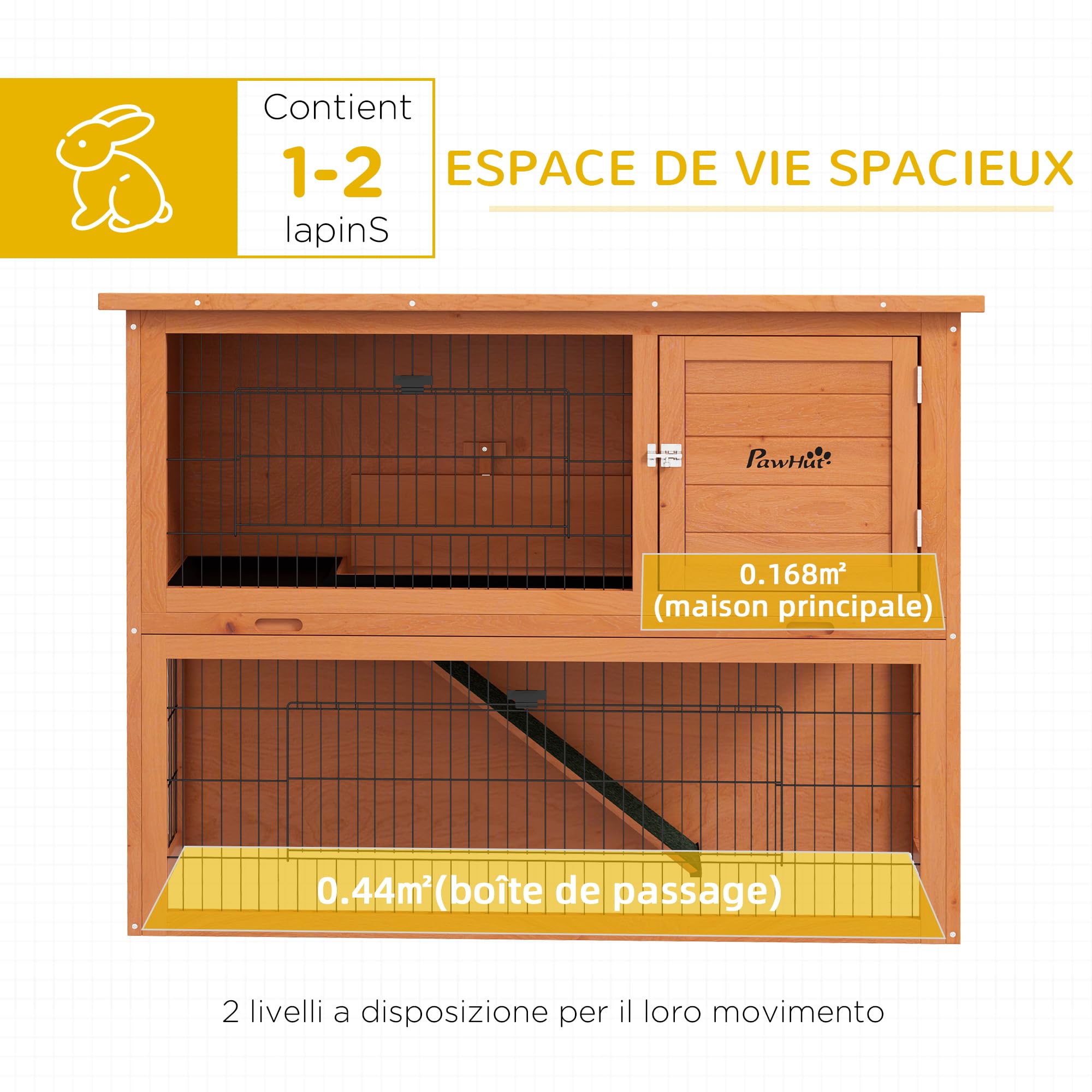 PawHut Clapier à Lapin Cage à Lapin 2 étages avec 3 Portes verrouillables Plateau Coulissant Rampe et Toit bitumé Bois Massif, 120 x 50 x 92 cm, Orange