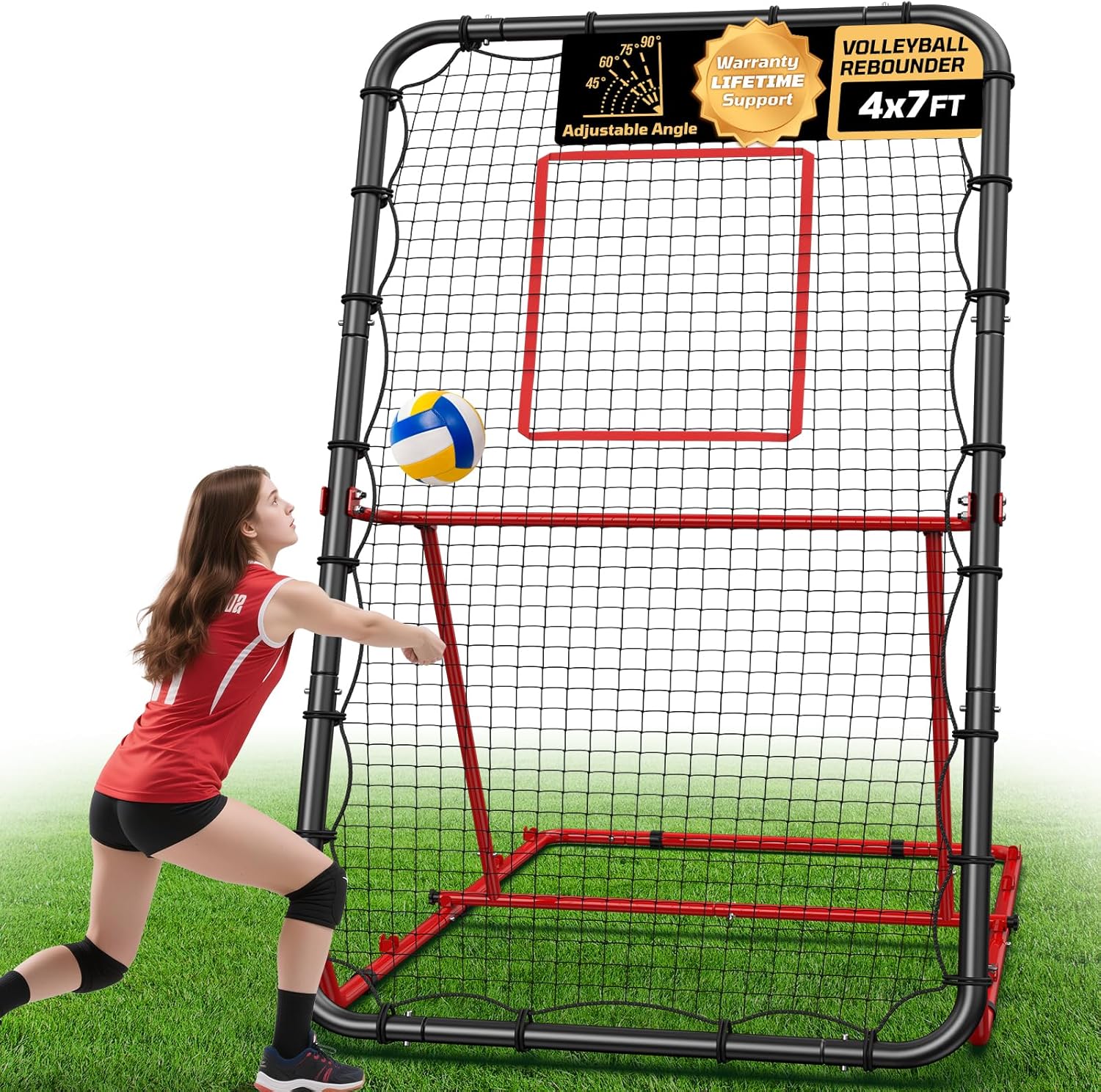 Adjustable Volleyball Rebounder Net 7x4 FT with 90° Foldable Angle, Bounce Back Training Equipment for Solo Practice Volleying Bumping & Spiking – Sturdy Base, Easy Setup & Portable with Carry Bag