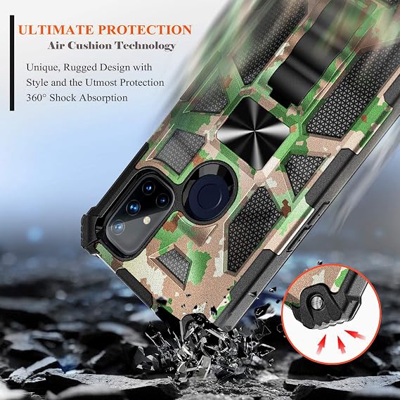 NZND Case for OnePlus Nord N10 5G with Tempered Glass Screen Protector (Maximum Coverage), Full-Body Protective Shockproof [Military-Grade], Built-in Kickstand, Heavy-Duty Case (Camo)