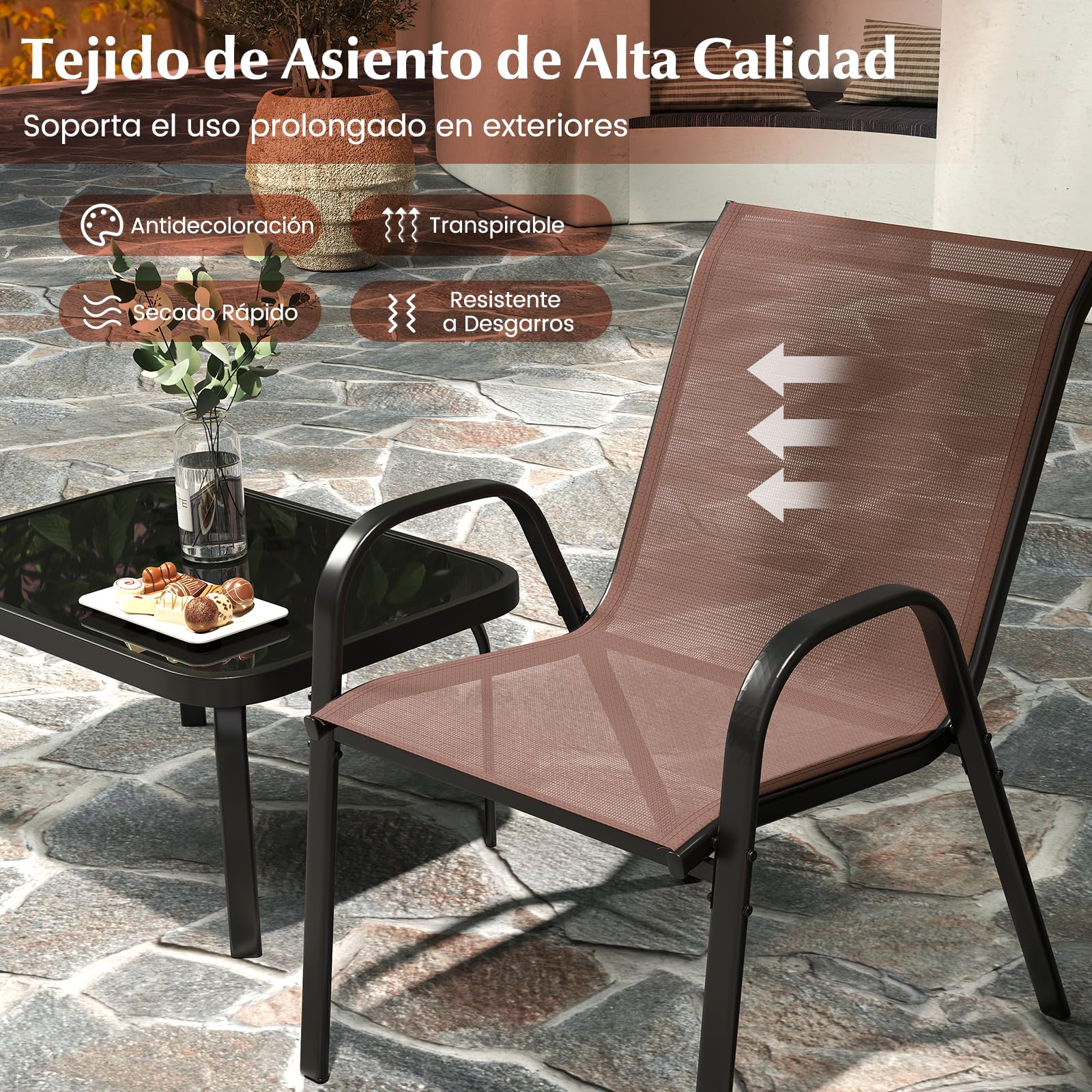 COSTWAY Conjunto Jardin Exterior de 4 Piezas, Mesa de Café de Cristal Templado, Banco y 2 Sillas Individuales, Tela Textilene, Mesa y Sillas, Muebles Jardin Terraza Balcon Exterior (marrón)