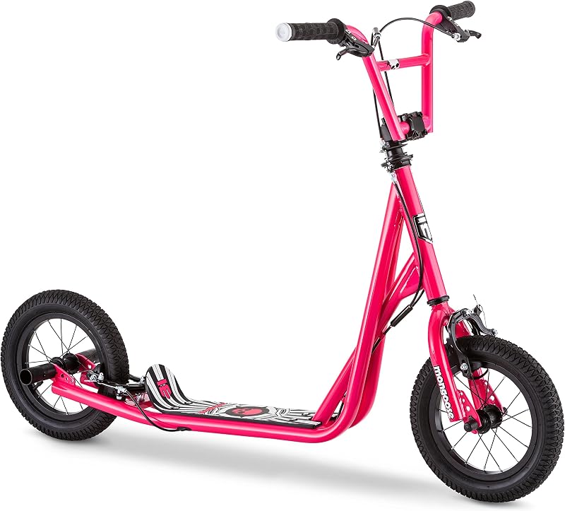 Mongoose Expo Kick Scooter, BMX-Style Handlebar & Brake Cable Rotor, Wide Foot Deck for Kids Youth Boys Girls Ages 6 and Up, Rear Axle Pegs, 12-Inch Air Tires, and Max. Weight of 175 lbs.