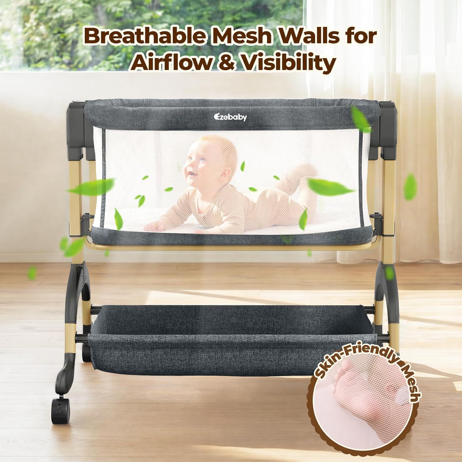 Ezebaby 3 in 1 Baby Bassinet Bedside Sleeper, Rocking Bassinet for Baby with Comfy Mattress & Breathable Full Mesh Sides, 7 Height Adjustable | Portable Crib for Newborns with Lockable Wheels