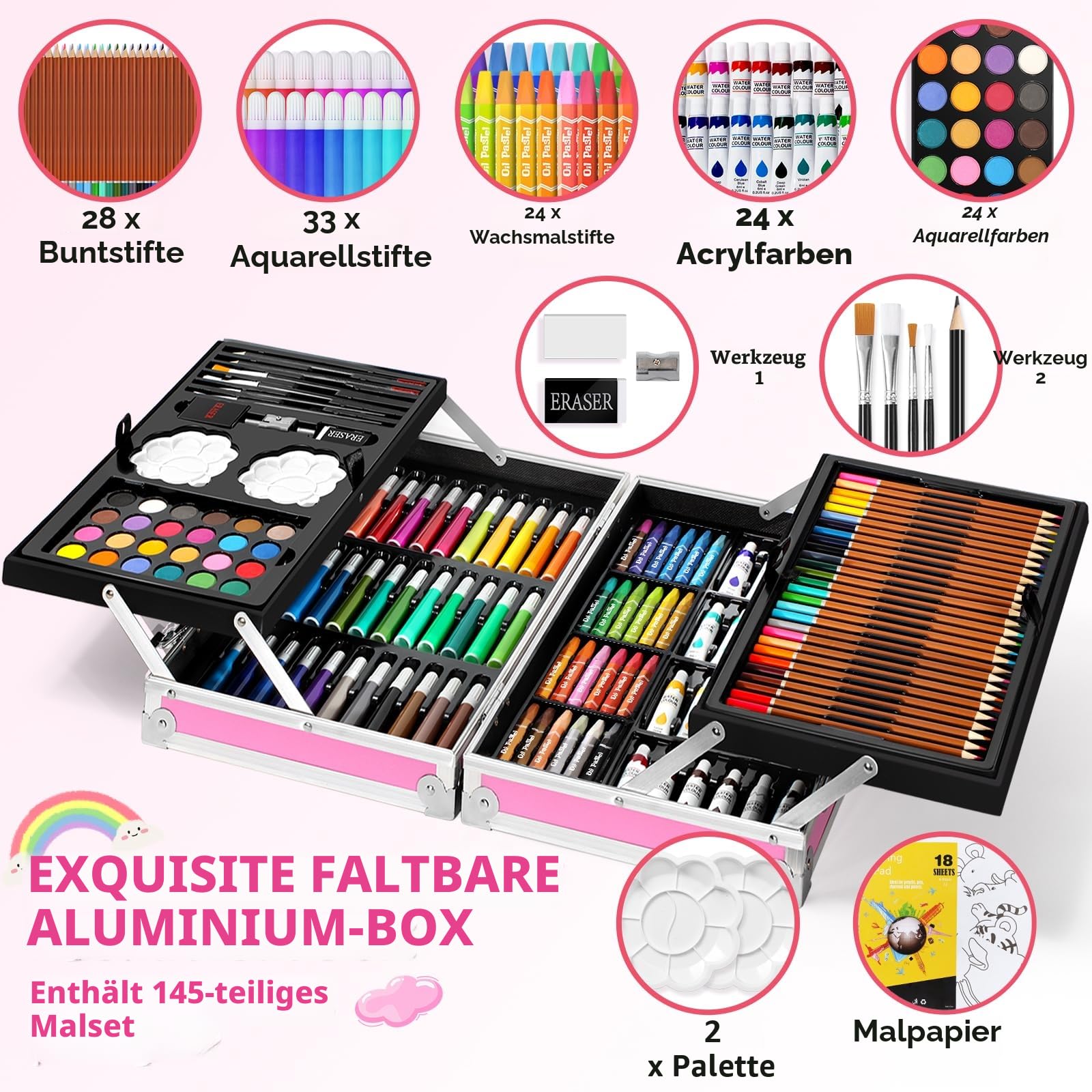 Spardar 145-teiliges Malkoffer für Kinder, für Kinder, Anfänger, Künstler | Malset Deluxe mit Aluminiumbox, Zeichenset mit Ölpastellkreiden, Buntstiften, Markern, Aquarellkuchen usw.
