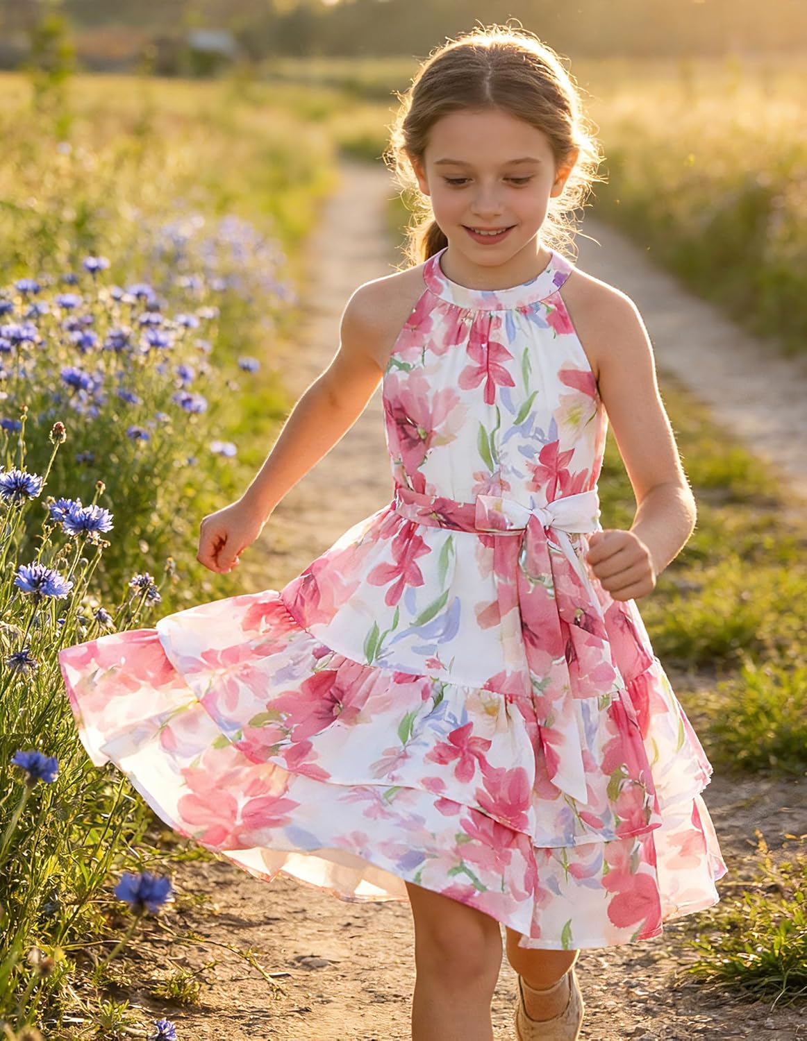 GRACE KARIN Girls Summer Beach Dress Floral Hawaiian Halter Chiffon Party Wedding Vacation Sundress 7-14Y - Image 2