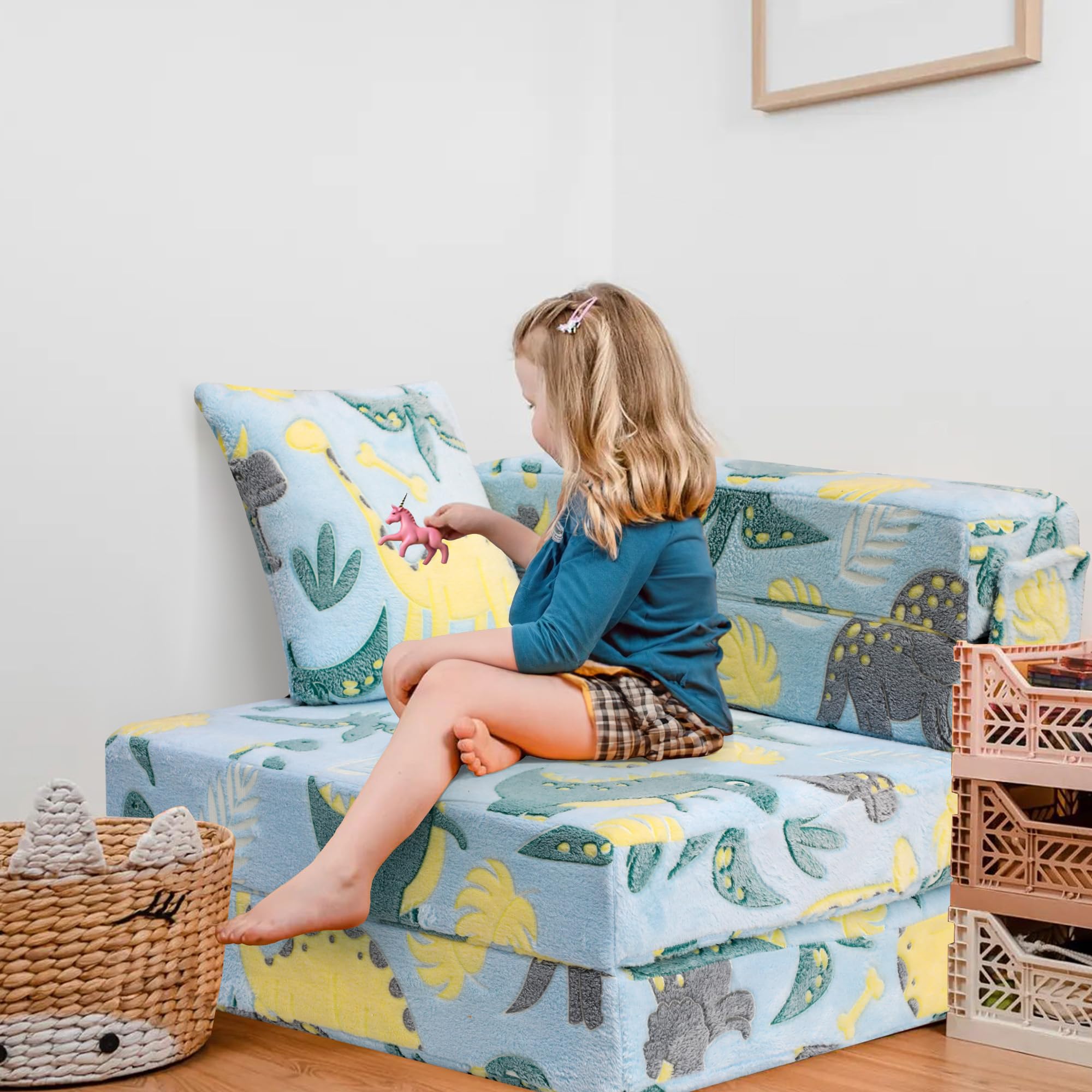 MeMoreCool Spielsofa für Kinder ab 3 Jahren – Faltbare Kindercouch, Blau Dinosaurier Design, Modulares Spielmöbel für Spielzimmer & Leseecke, Inklusive Kissen, Waschbar