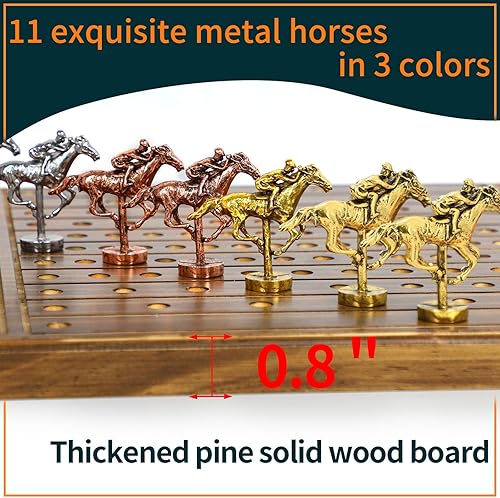 Miniatura 3 de Jyquorp Juego de mesa de carreras de caballos, juego de carreras de madera maciza con 11 lujosos caballos de metal clásicos duraderos con 4 dados y