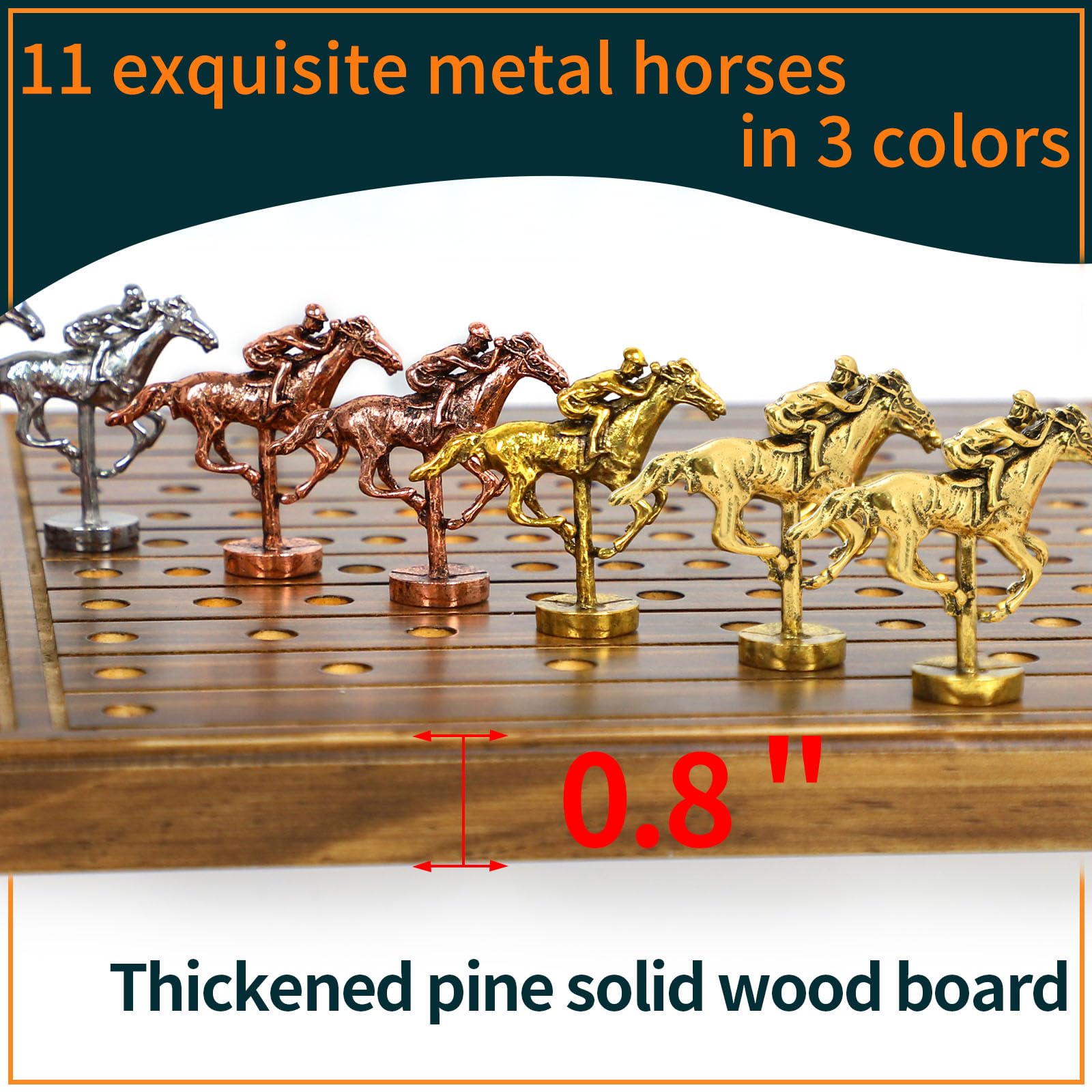 Jyquorp Juego de mesa de carreras de caballos de madera maciza con 11 caballos de metal clásicos de lujo y duraderos con 4 dados y 2 cajas de cartas, juego de carreras de caballos (marrón rústico)